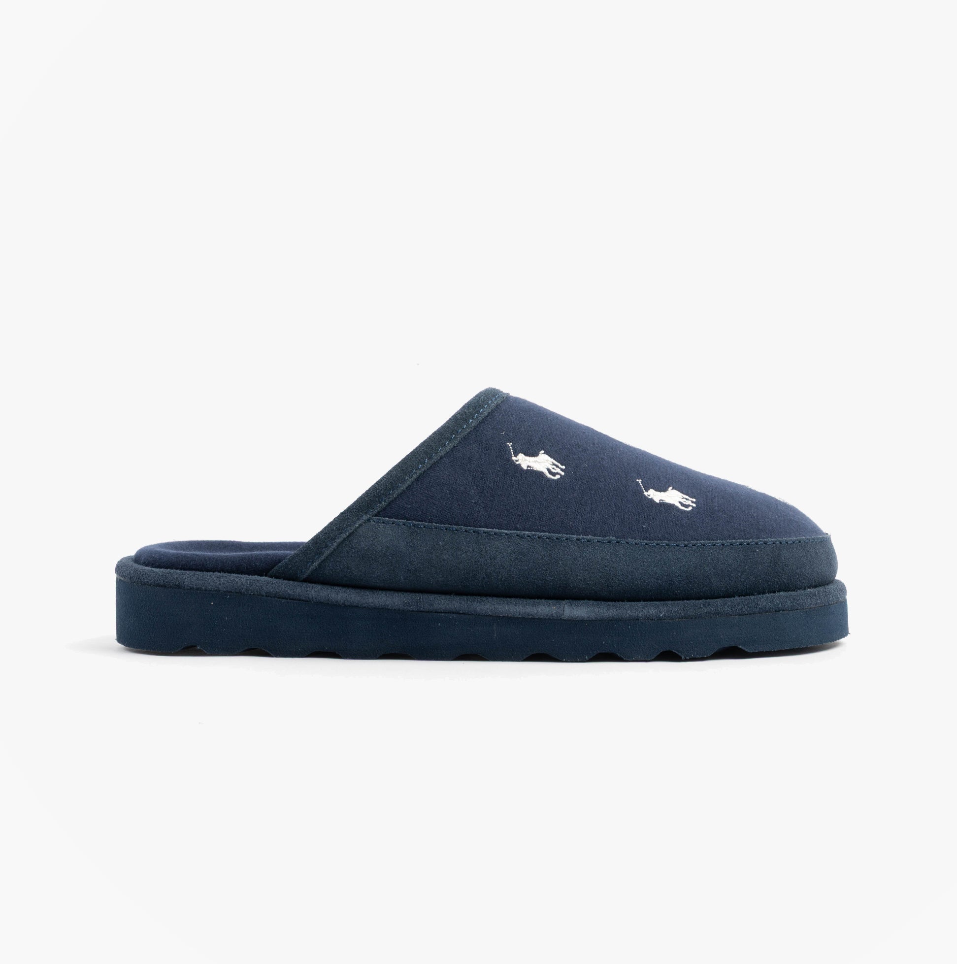 Polo Ralph Lauren RD SCFF II Mens Slippers Navy/Paper White side view showing slip-on design and logo detail.