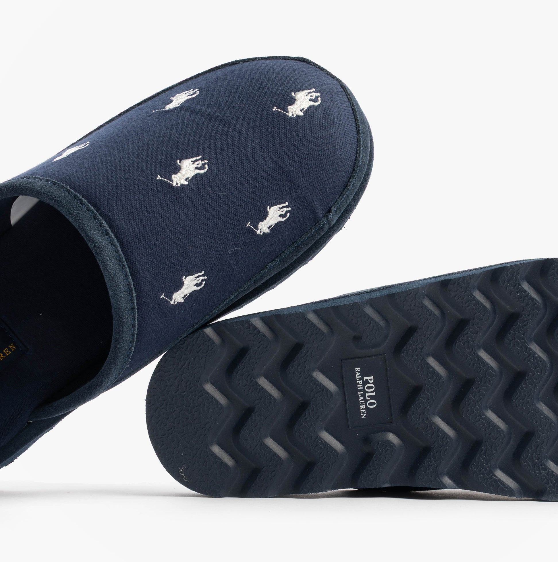 Polo Ralph Lauren RD SCFF II Mens Slippers Navy/Paper White side view with logo details and sole pattern.
