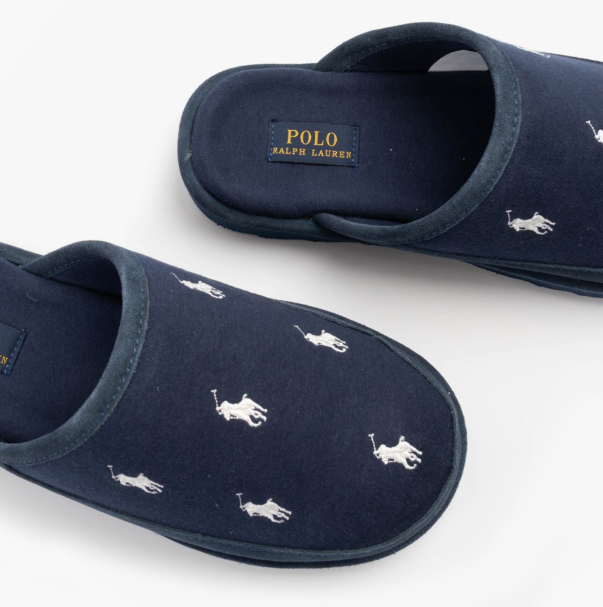 Polo Ralph Lauren RD SCFF II Mens Slippers Navy/Paper White top view showing embroidered logo design.