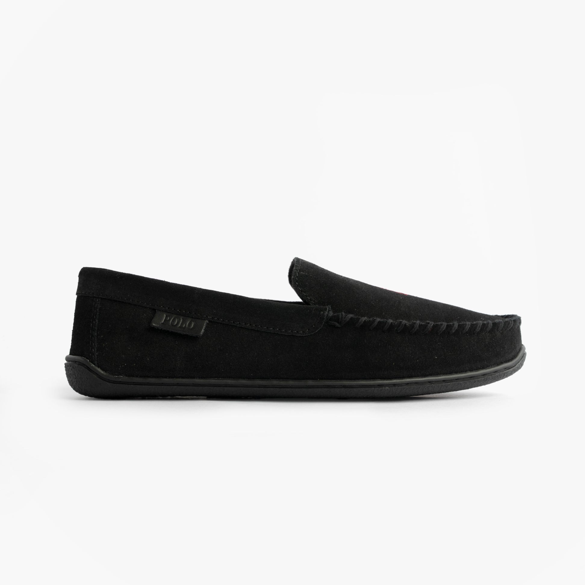 Polo Ralph Lauren BRENAN Logo Mens Dress Suede Slippers Black/Wine side view showcasing moccasin style and suede upper.