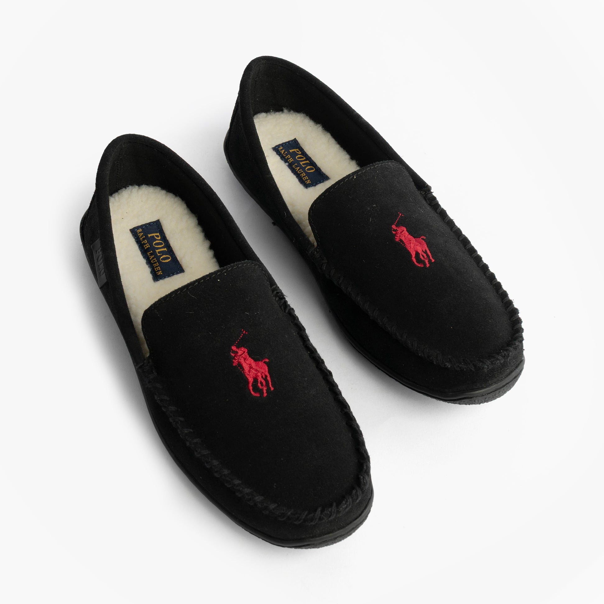 Polo Ralph Lauren BRENAN Logo Mens Dress Suede Slippers Black/Wine top view showing the black suede upper and red logo.