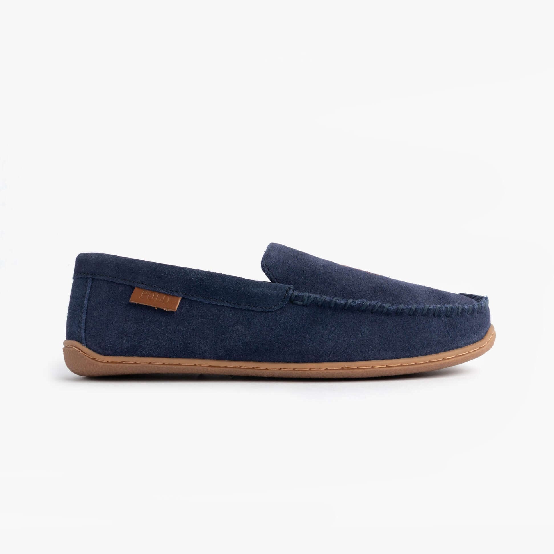 Polo Ralph Lauren BRENAN Logo Mens Dress Suede Slippers Navy side view showcasing soft suede upper and slip-on design