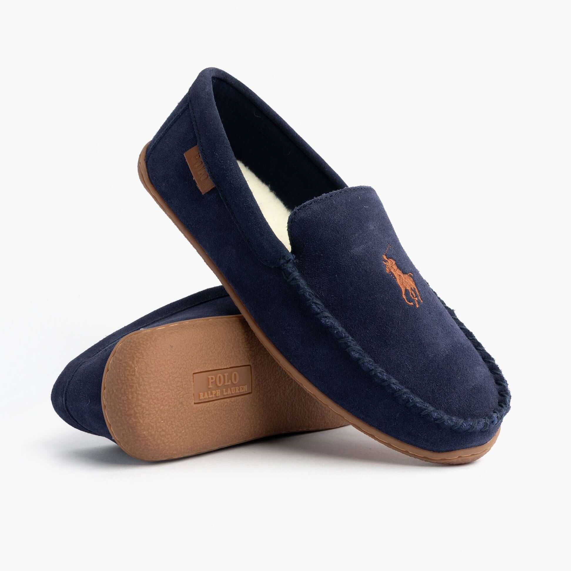 Polo Ralph Lauren BRENAN Logo Mens Dress Suede Slippers Navy side view showing soft suede material and logo detail.