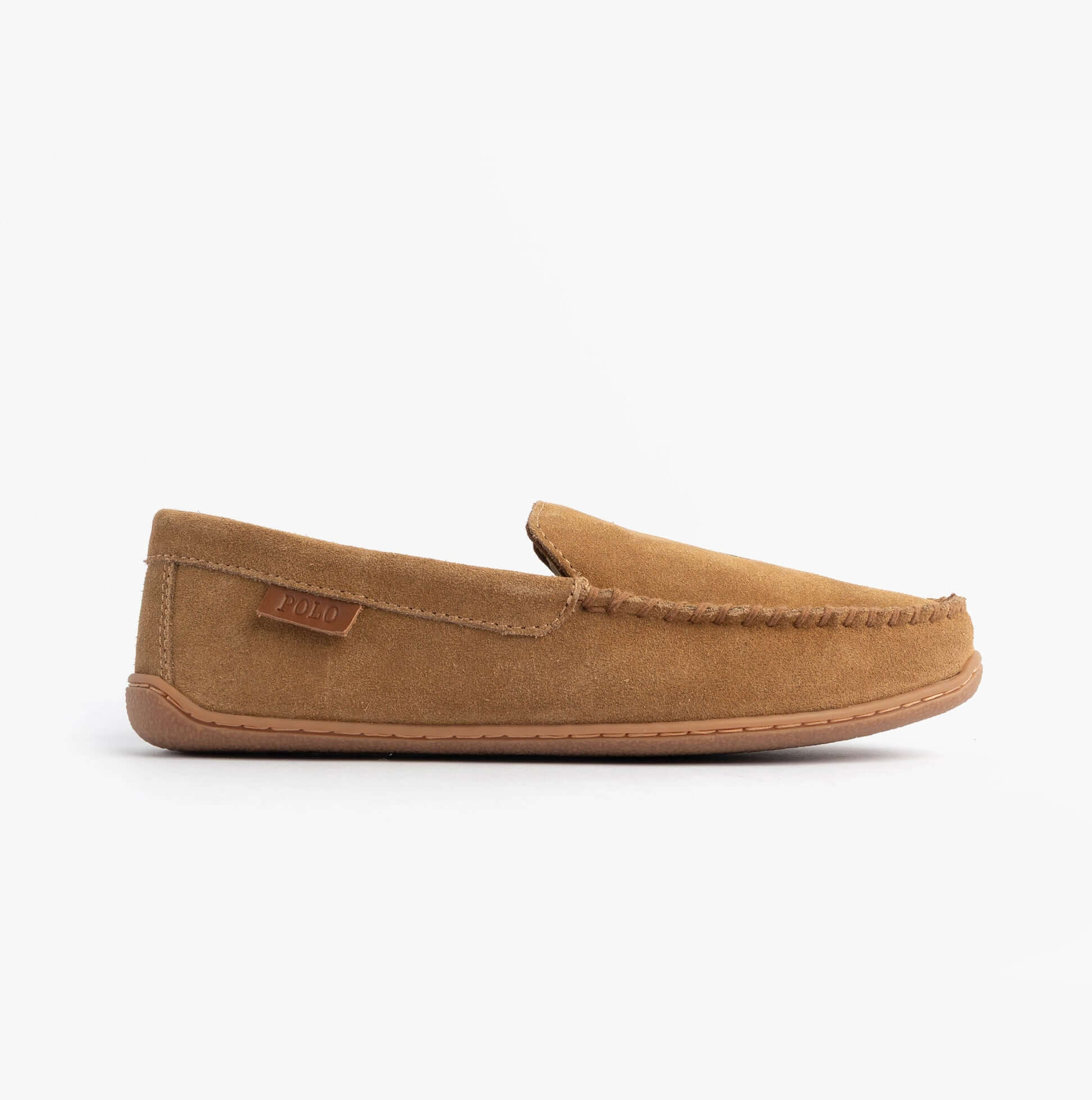 Polo Ralph Lauren BRENAN Logo Mens Dress Suede Slippers Snff Suede/Navy side view showing soft suede material and slip-on design.
