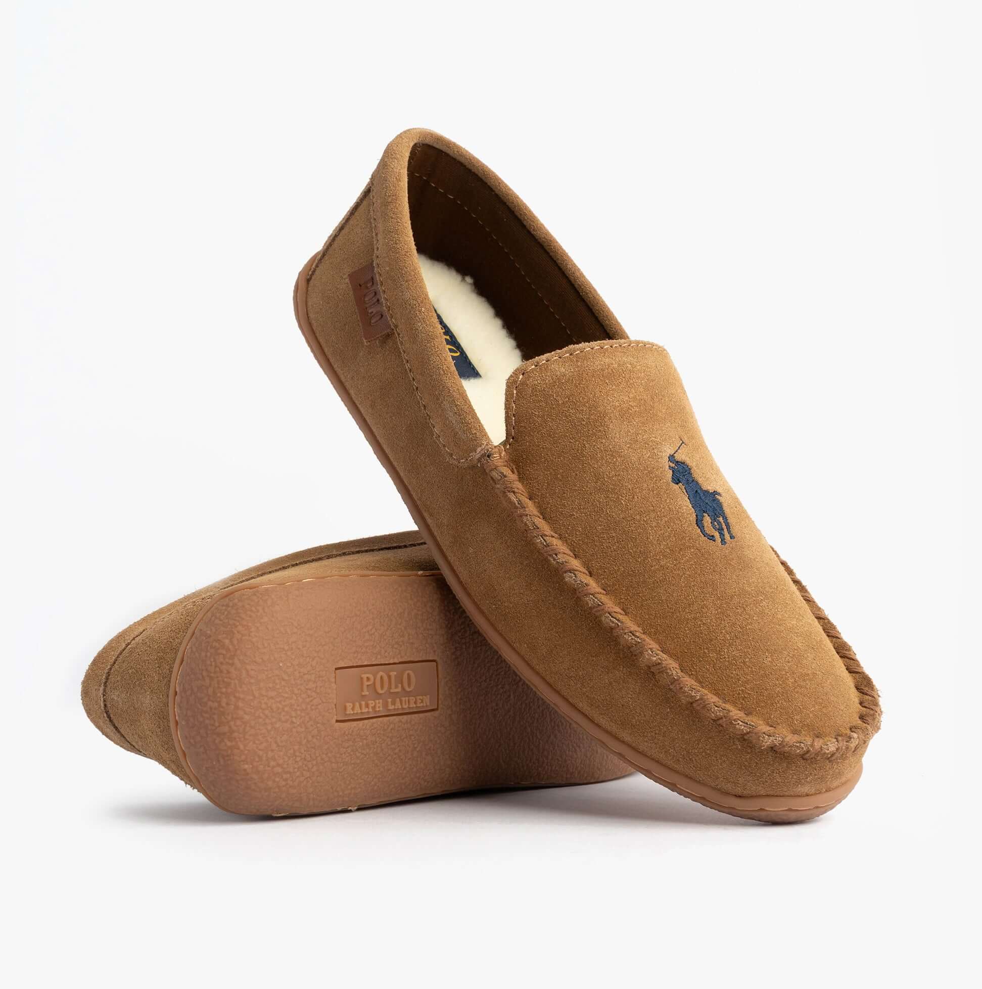 Polo Ralph Lauren BRENAN Logo Mens Dress Suede Slippers Snff Suede/Navy side view showing soft suede upper and logo.