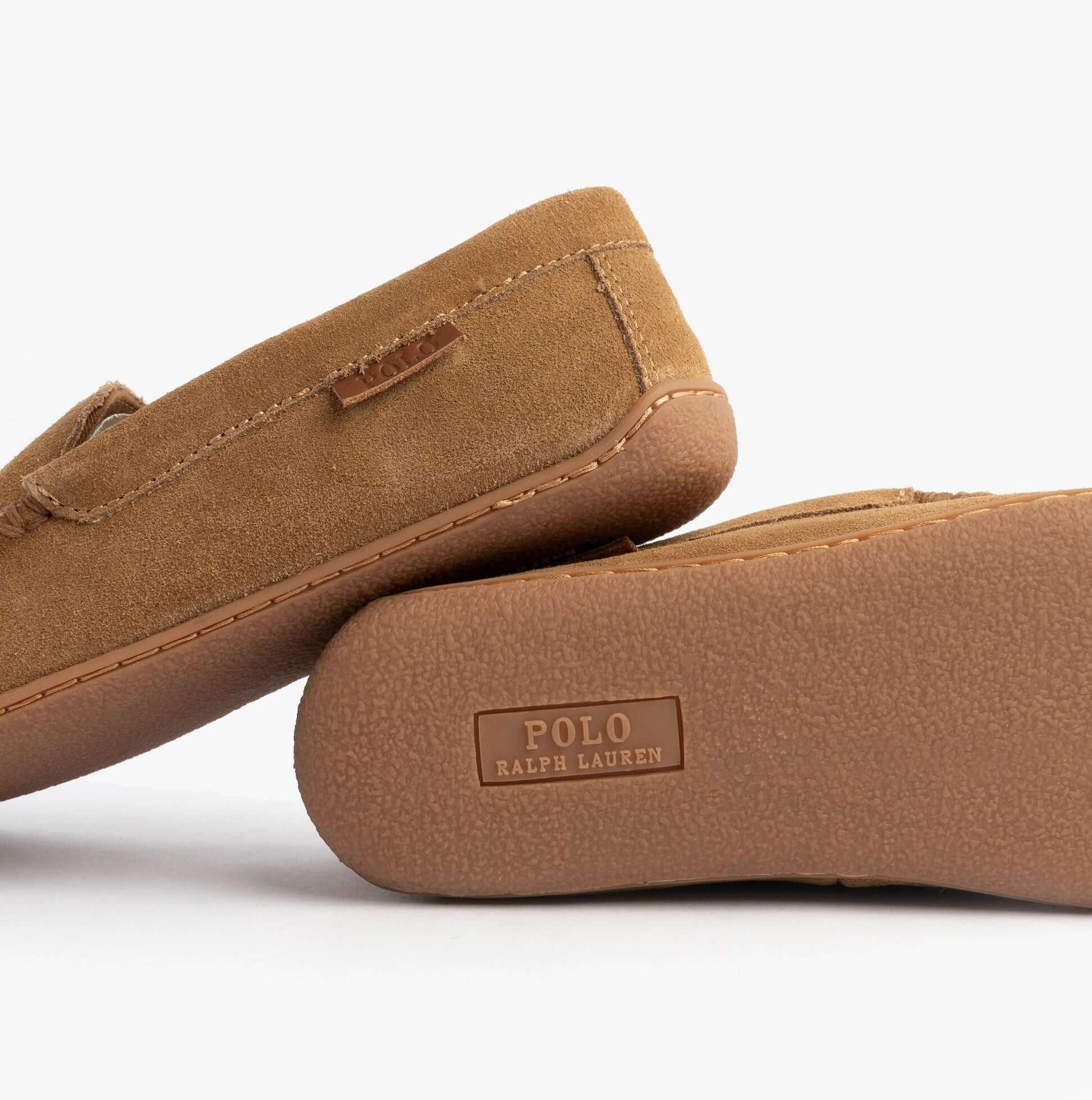 Polo Ralph Lauren BRENAN Logo Mens Dress Suede Slippers Snff Suede/Navy side view showing sole detail.