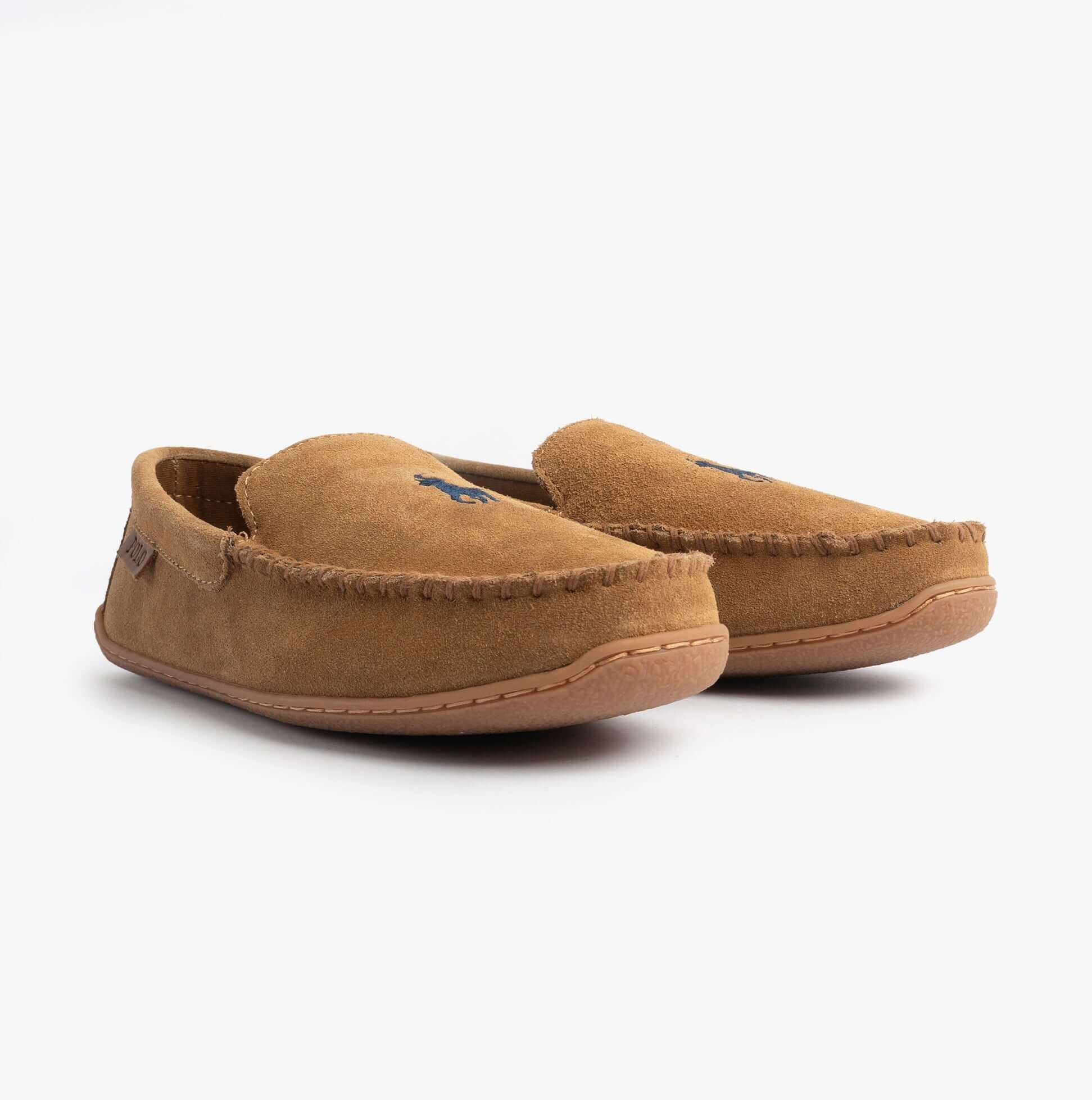 Polo Ralph Lauren BRENAN Logo Mens Dress Suede Slippers Snff Suede/Navy side view showcasing soft suede material and logo.