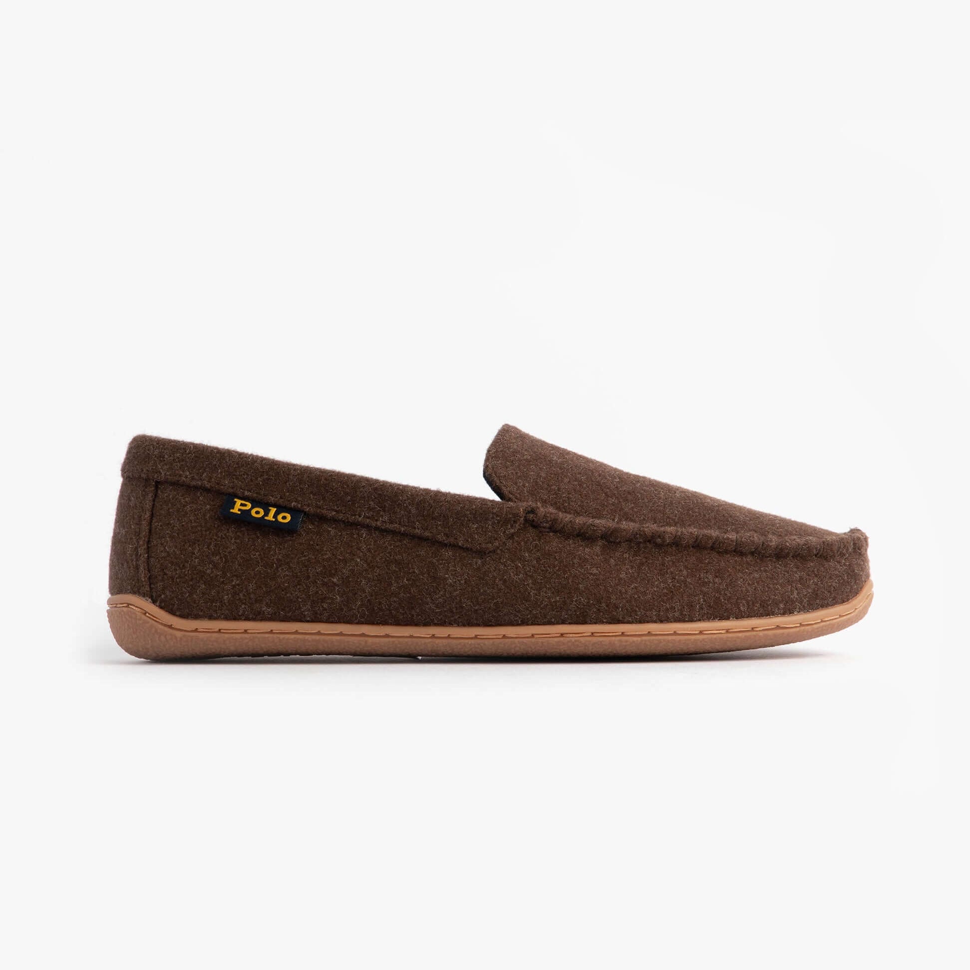 Polo Ralph Lauren BRENAN WOOL Mens Dress Shoe Slippers Brown/Cream side view of brown suede moccasins