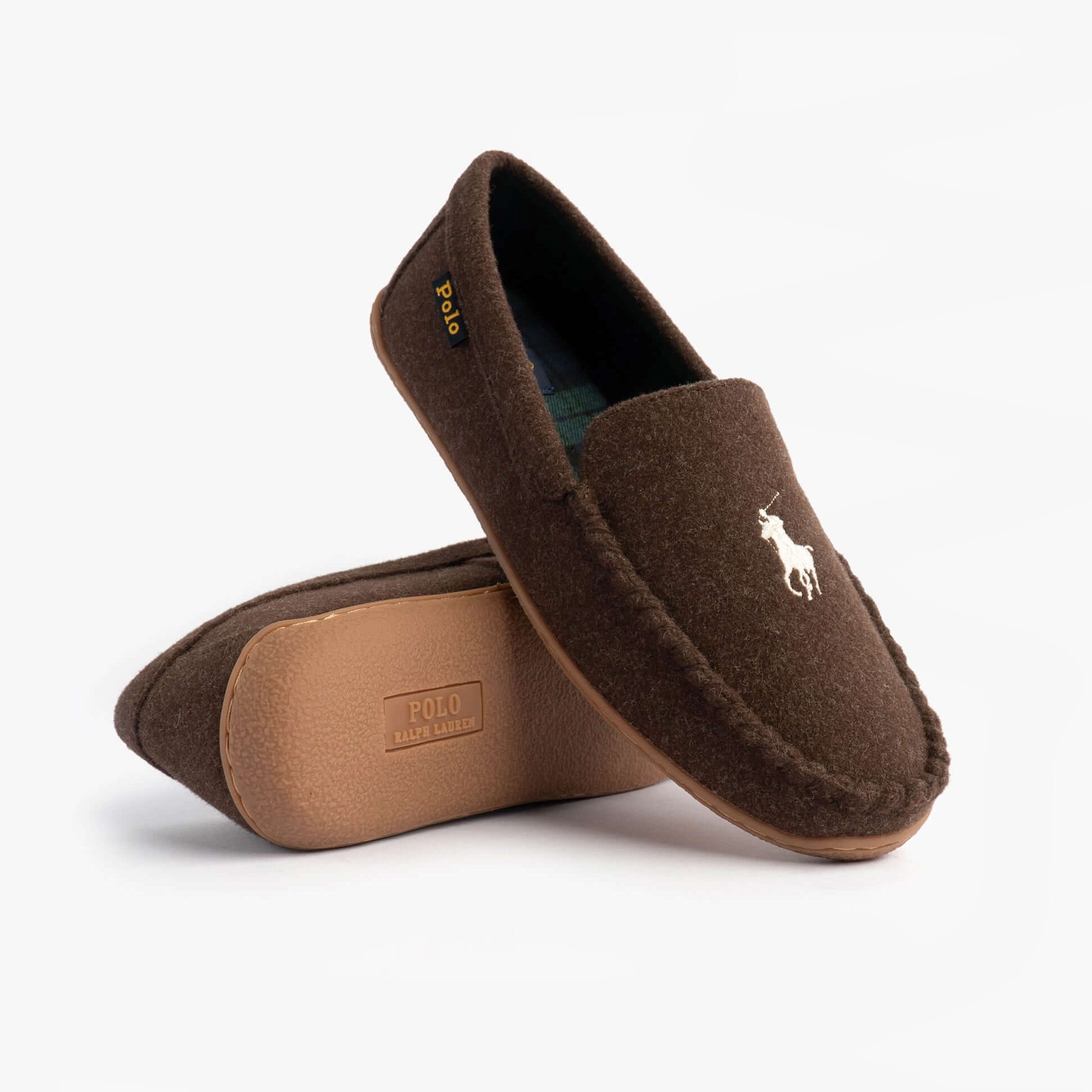 Polo Ralph Lauren BRENAN WOOL Mens Dress Shoe Slippers Brown/Cream side view of brown slippers with white logo