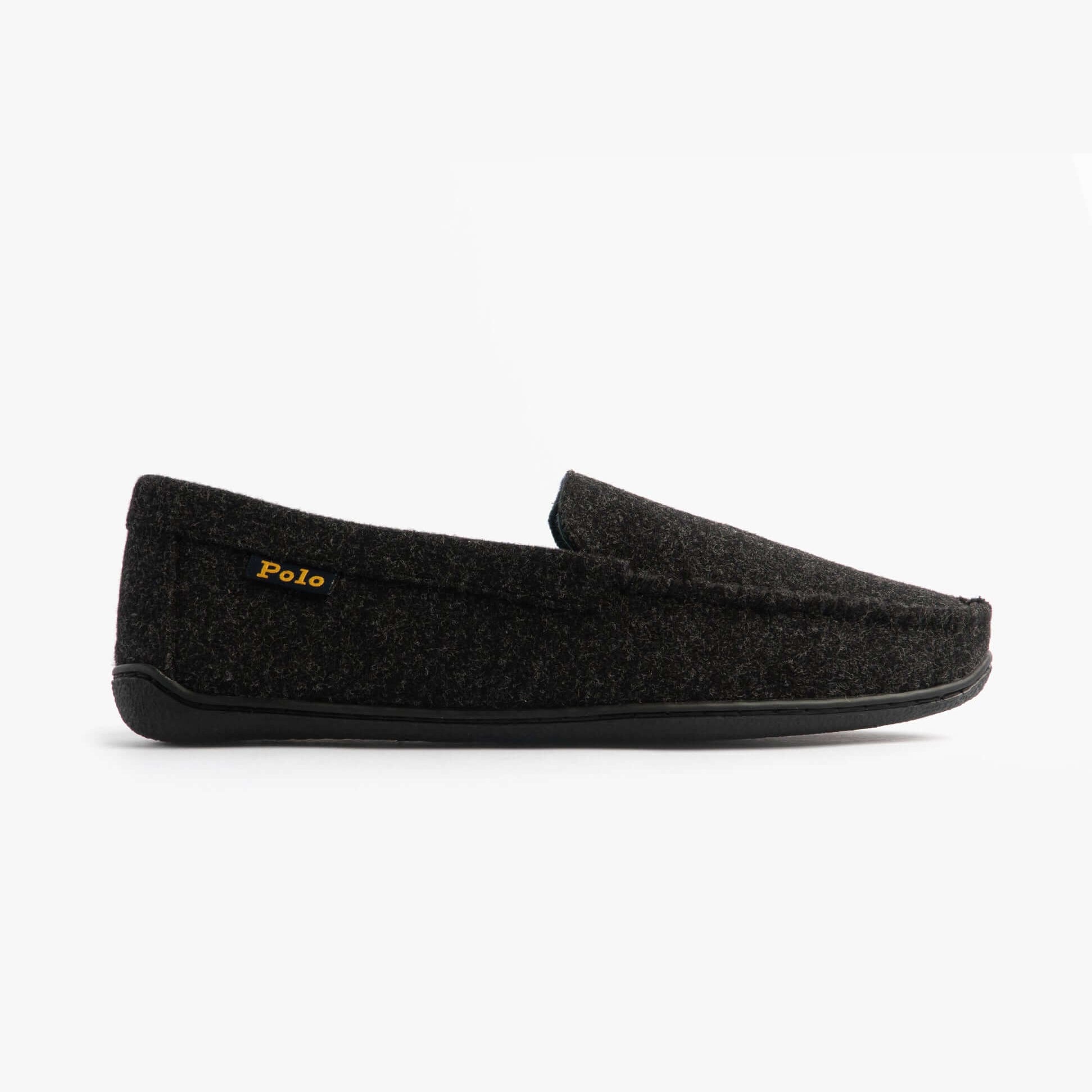 Polo Ralph Lauren BRENAN WOOL Mens Dress Shoe Slippers Black/Cream side view showing suede upper and rubber sole.