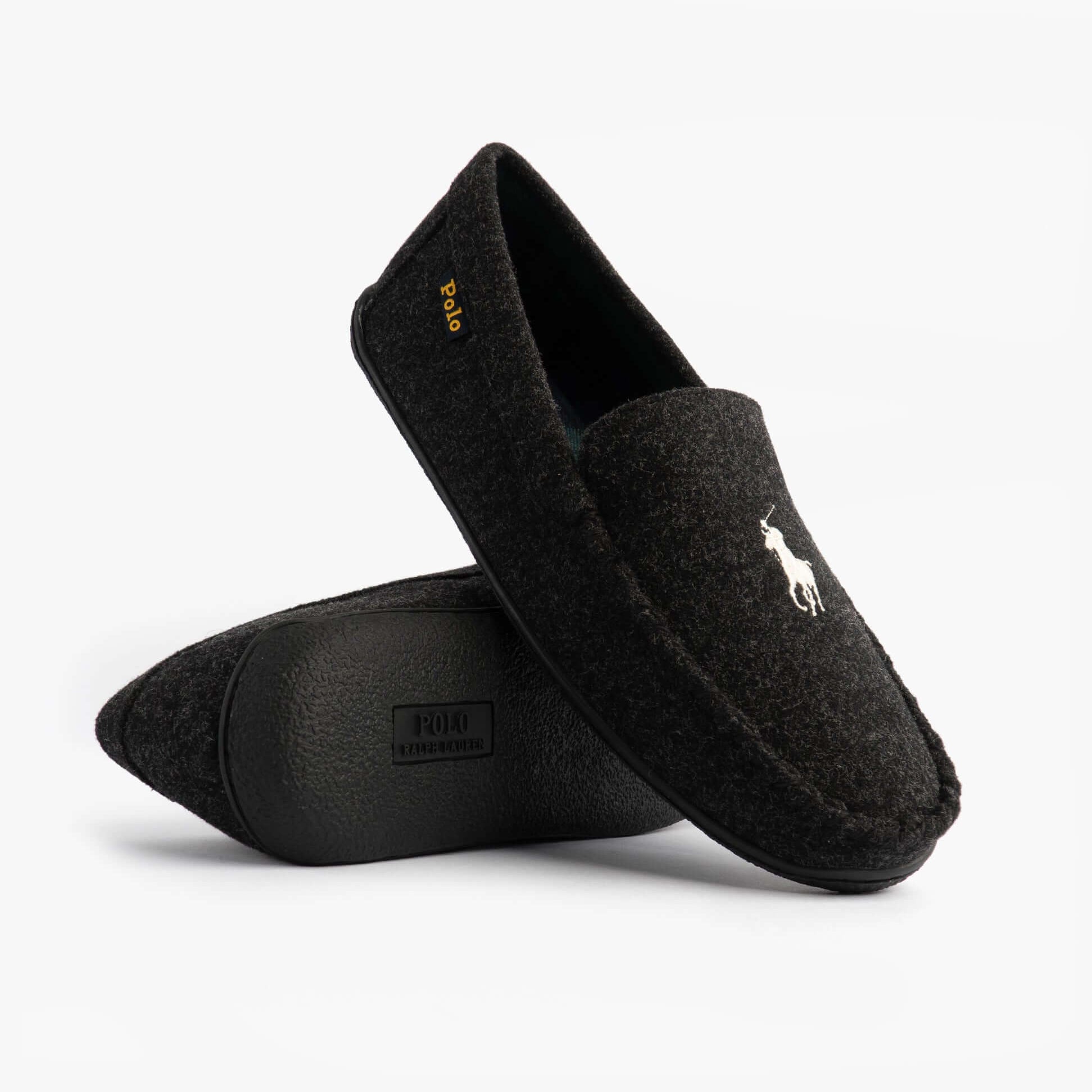 Polo Ralph Lauren BRENAN WOOL Mens Dress Shoe Slippers Black/Cream, side view showing black suede and logo detail.