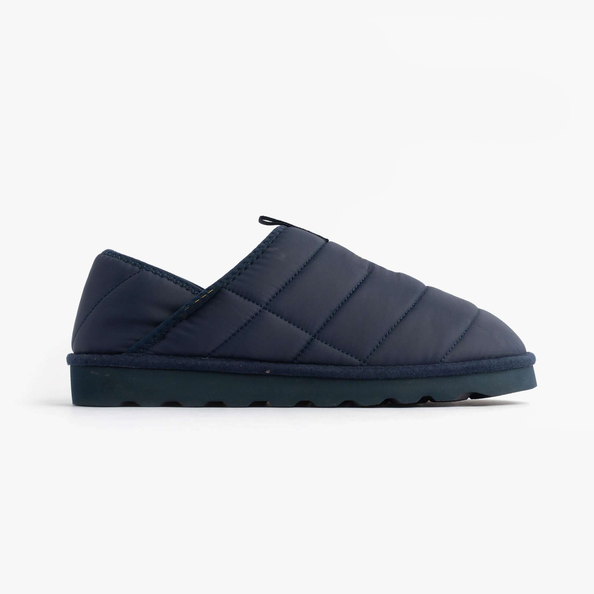 Polo Ralph Lauren EVERETT Mens Full Slippers Navy/Gold side view showing quilted textile upper and rubber sole.