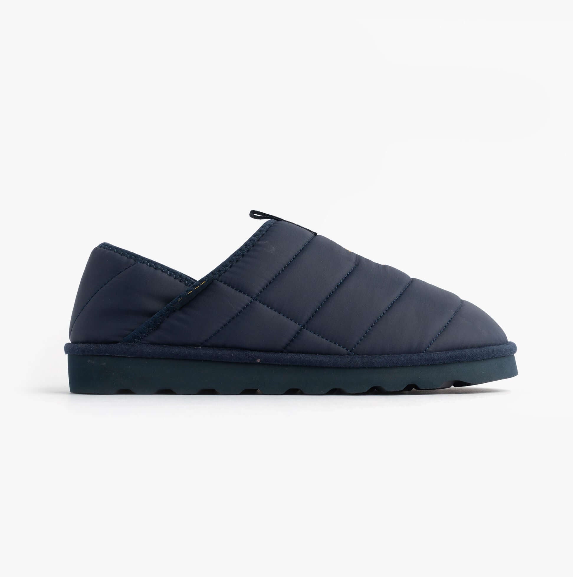 Polo Ralph Lauren EVERETT Mens Full Slippers Navy/Gold side view showing quilted textile upper and rubber sole.