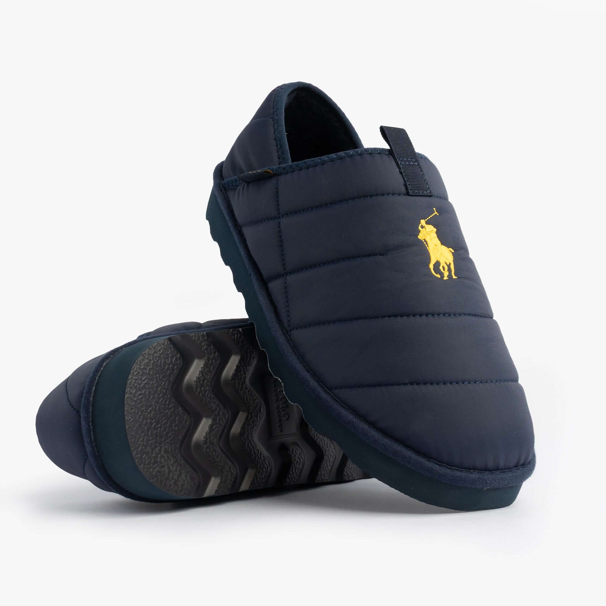 Polo Ralph Lauren EVERETT Mens Full Slippers Navy/Gold side view showcasing the soft textile upper and rubber sole.