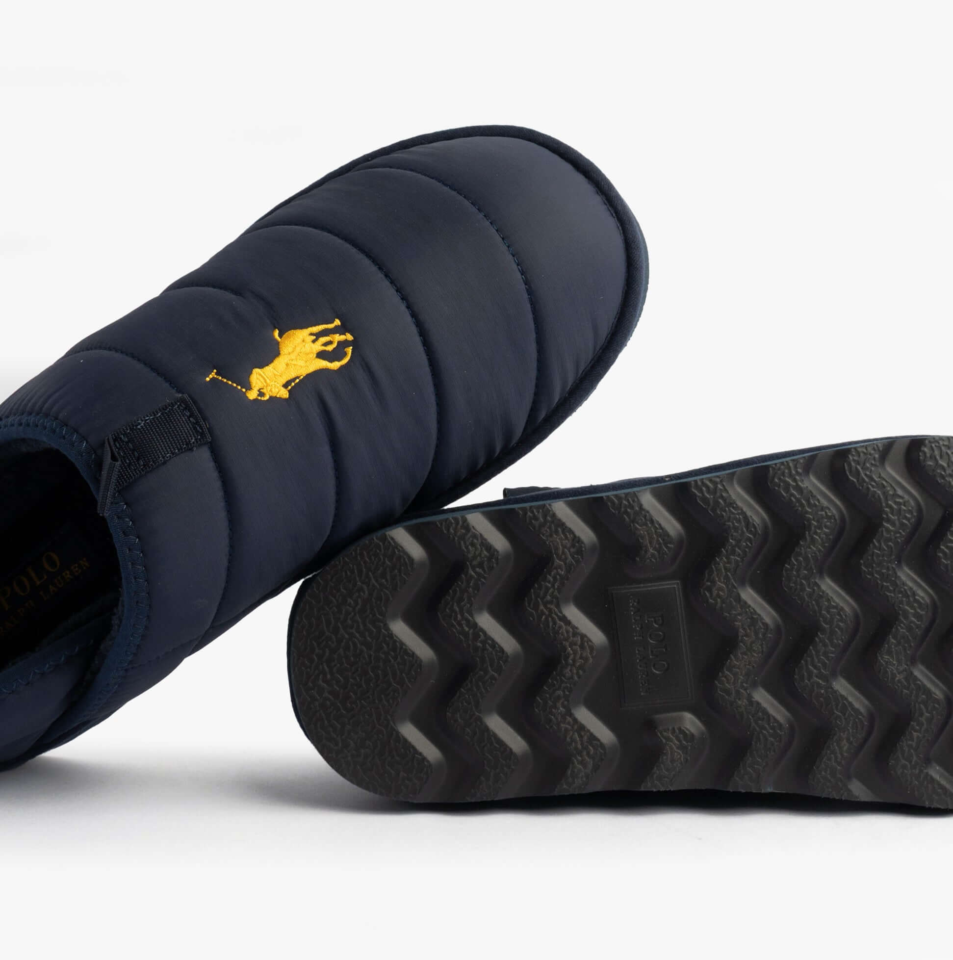 Polo Ralph Lauren EVERETT Mens Full Slippers Navy/Gold side view showing textile upper and rubber sole.