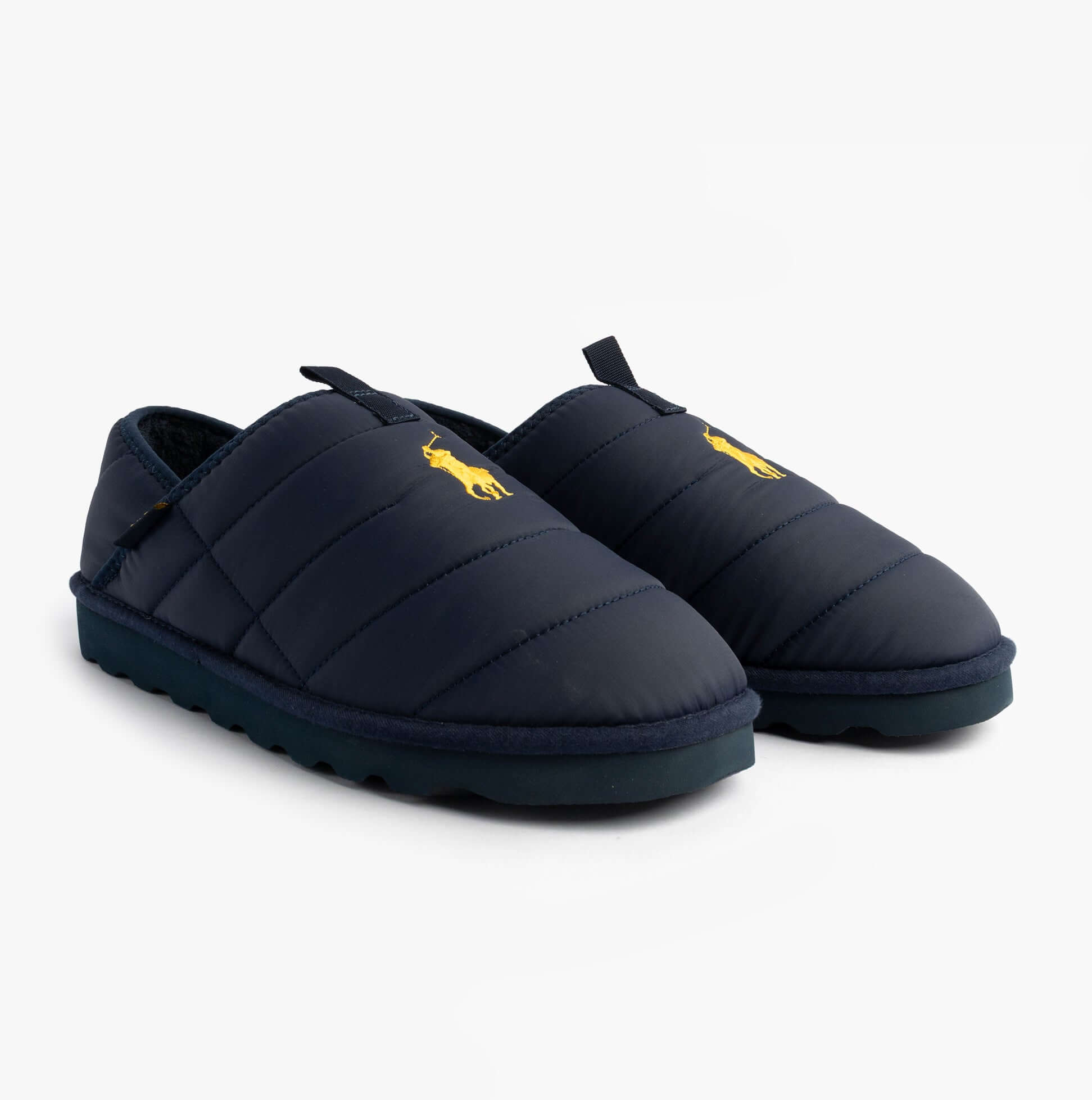 Polo Ralph Lauren EVERETT Mens Full Slippers Navy/Gold side view showing navy textile upper and rubber sole.