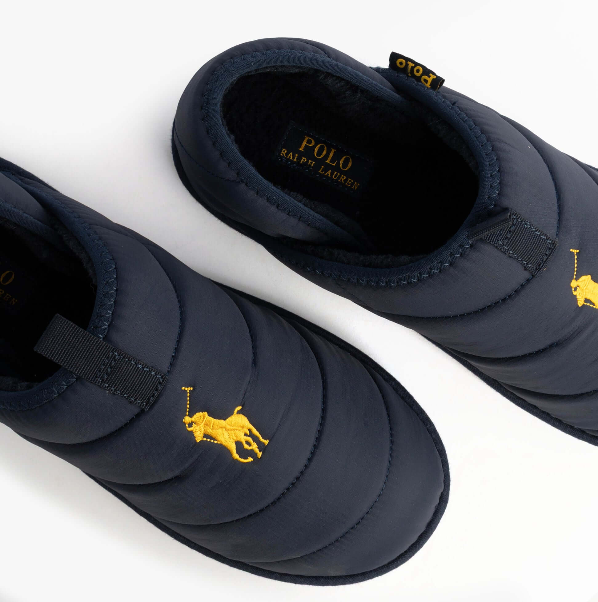 Polo Ralph Lauren EVERETT Mens Full Slippers Navy/Gold top view showing textile upper and logo detail.