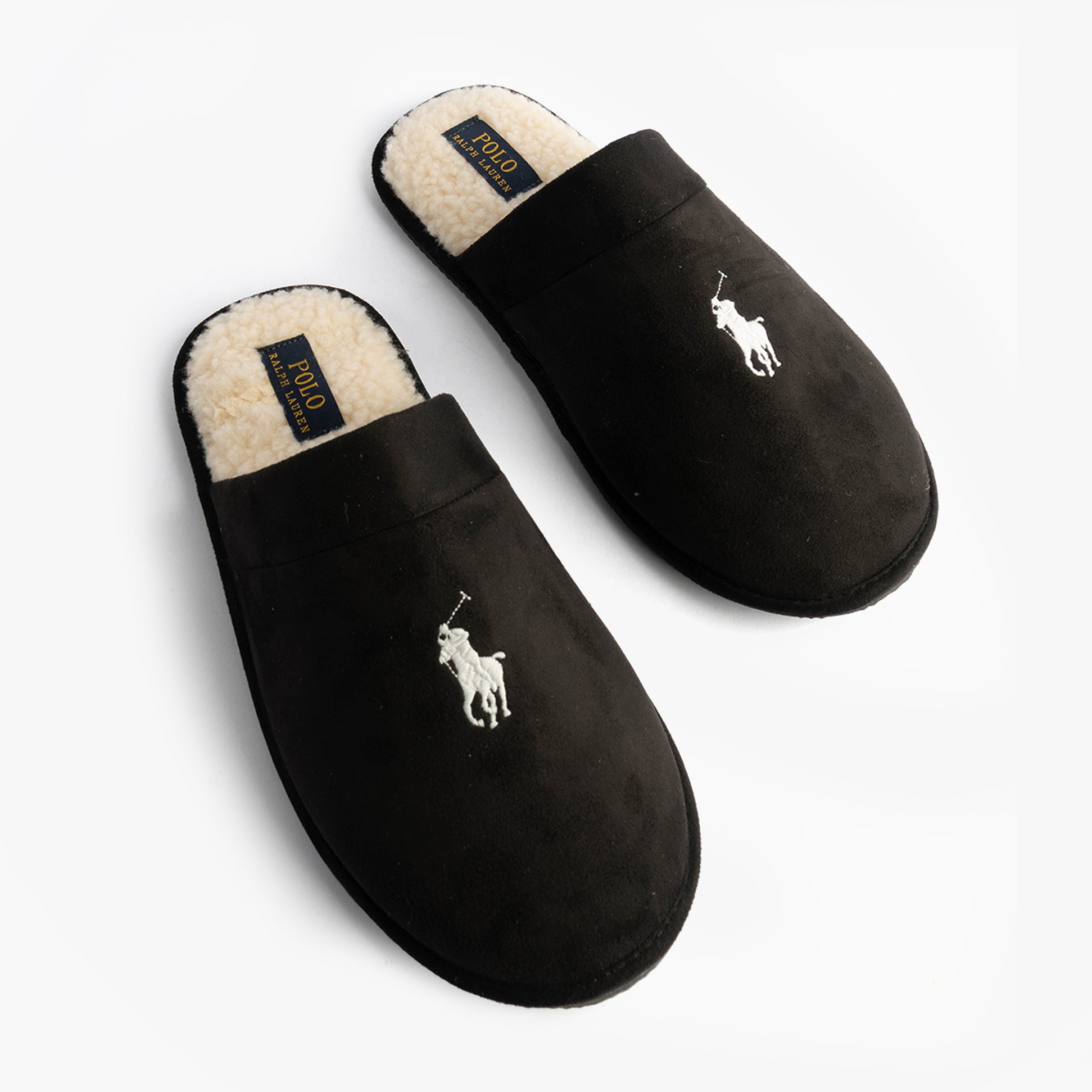 Polo Ralph Lauren KLARENCE Mens Mule Slippers Blackwatch/Cream top view with logo and soft lining.