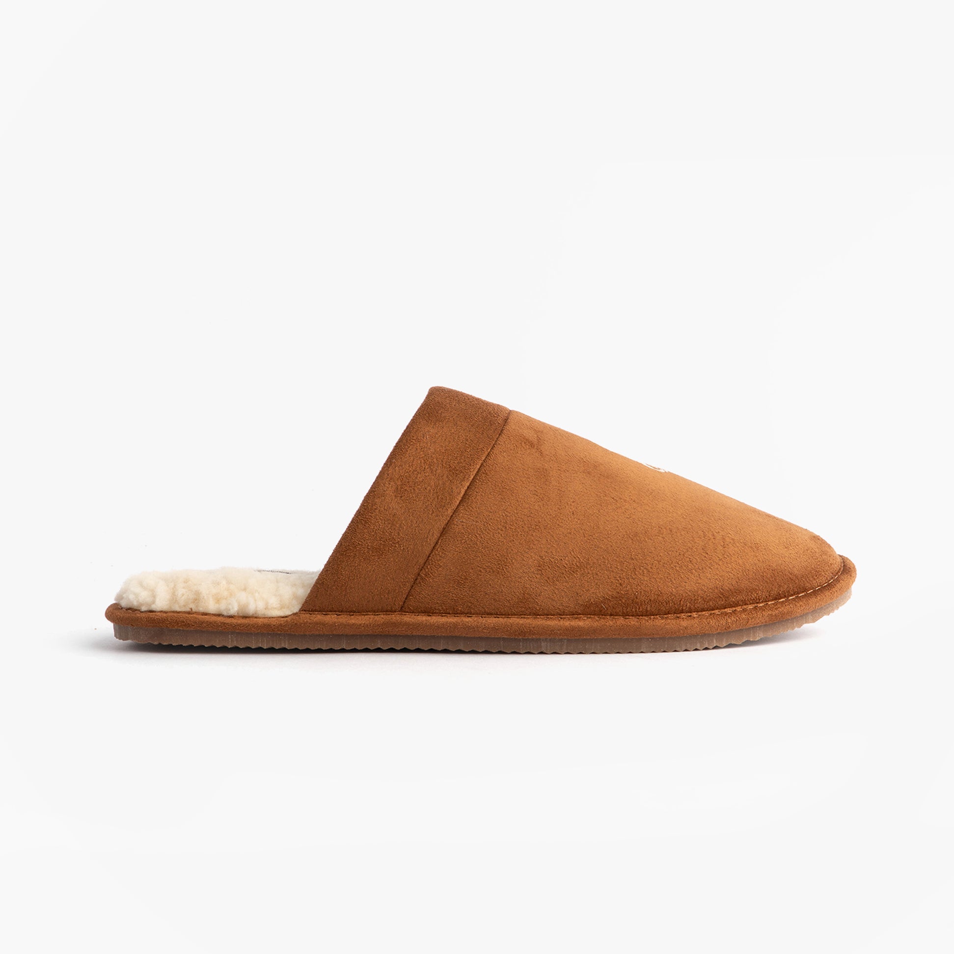 Polo Ralph Lauren KLARENCE Mens Mule Slippers Snff/Blackwatch/Cream side view in brown suede with shearling lining