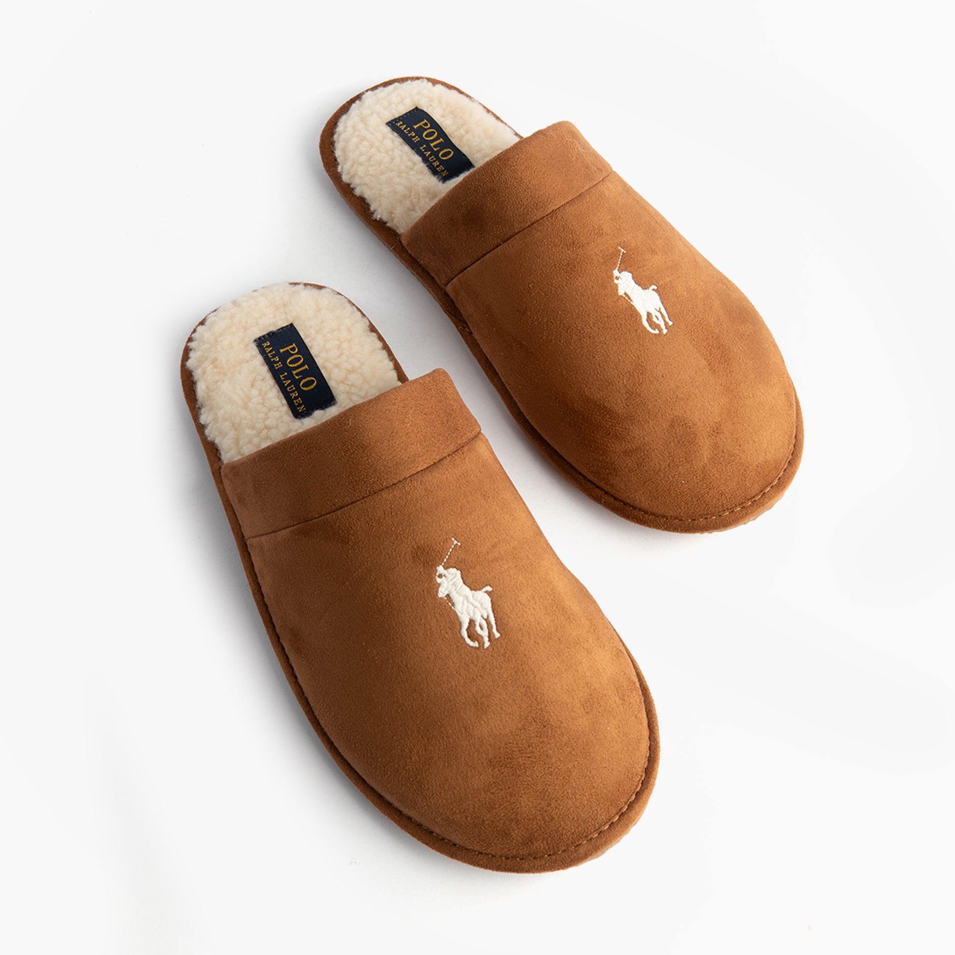 Polo Ralph Lauren KLARENCE Mens Mule Slippers Snff/Blackwatch/Cream top view with logo detail on tan slipper.