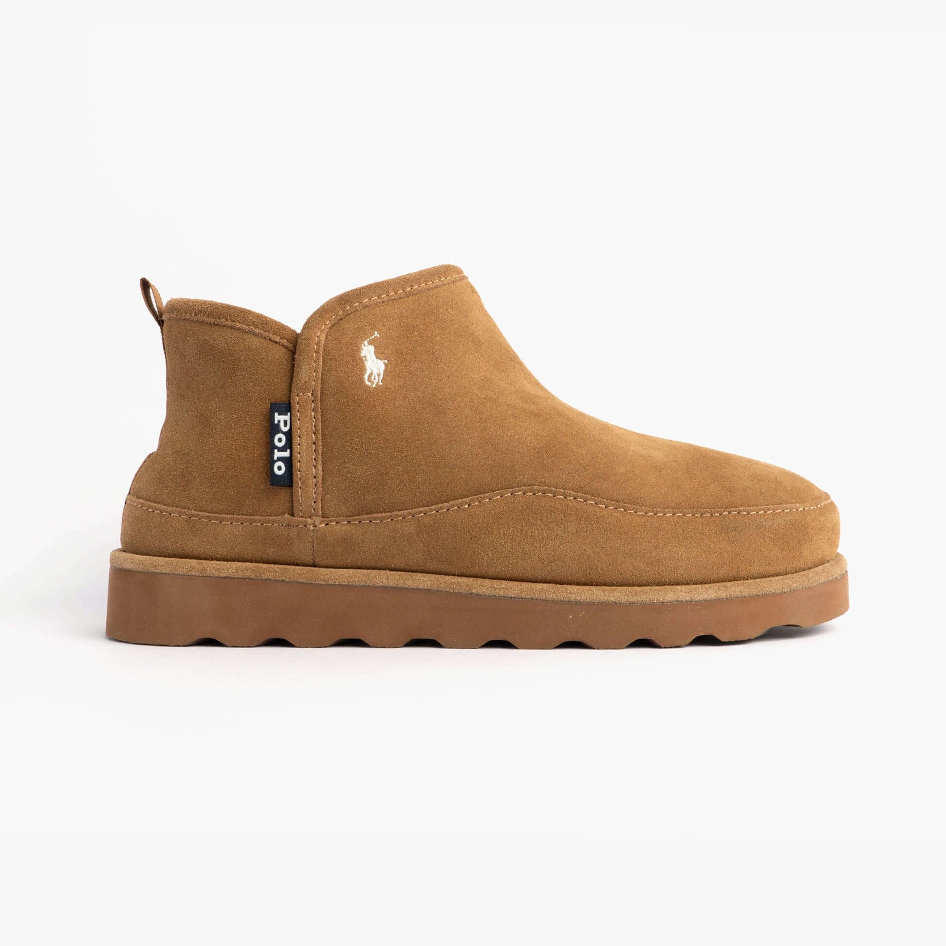 Polo Ralph Lauren READE HI Mens Slippers Snff Suede/Cream side view showing suede upper and rubber sole.