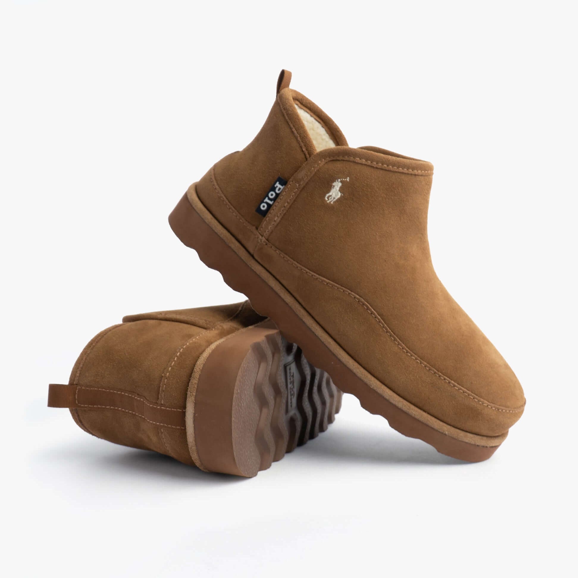 Polo Ralph Lauren READE HI Mens Slippers Snff Suede/Cream side view of slippers with rubber sole and suede upper.