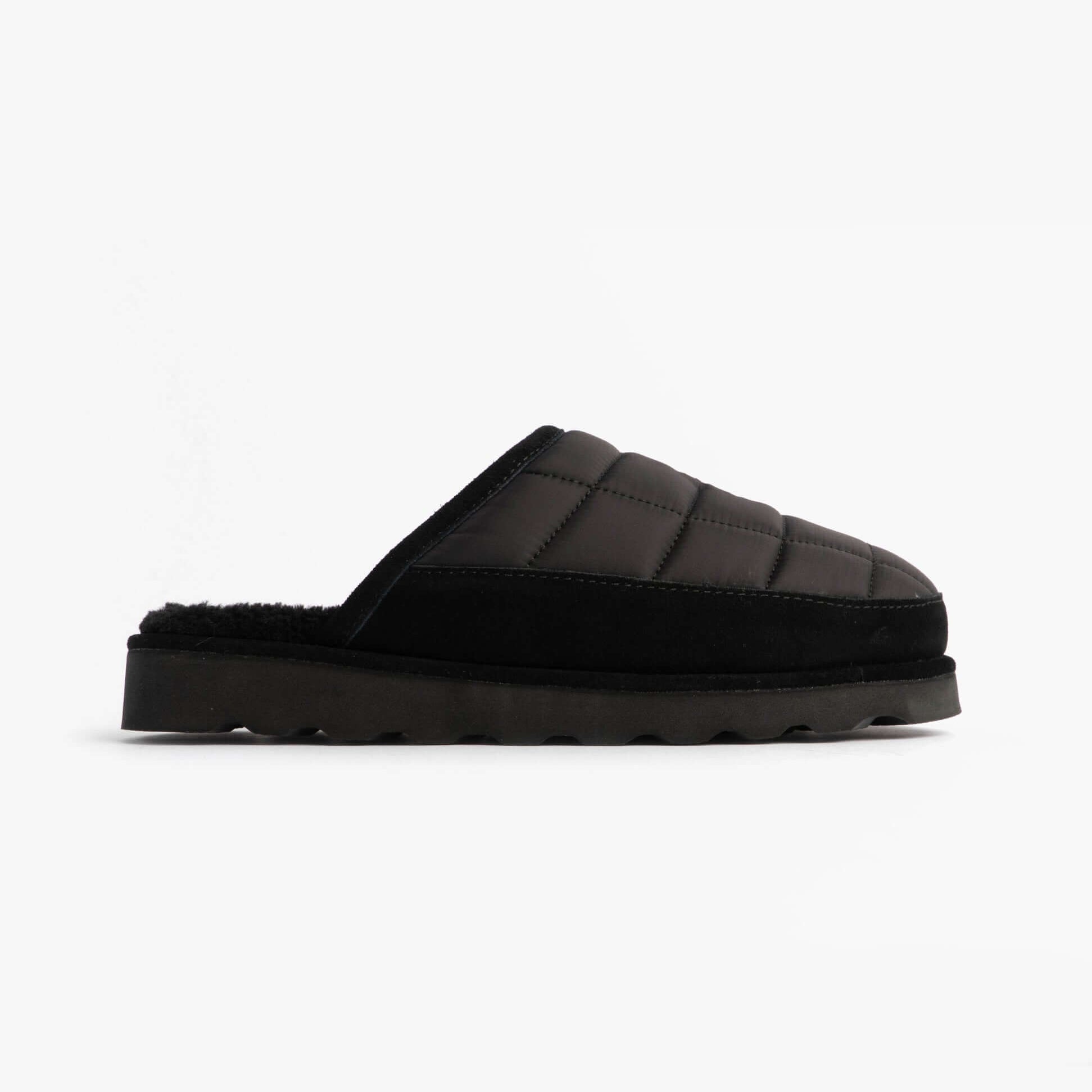 Polo Ralph Lauren READ SCFF II Mens Mule Slippers Black/Cream side view, showcasing the textile upper and rubber sole.
