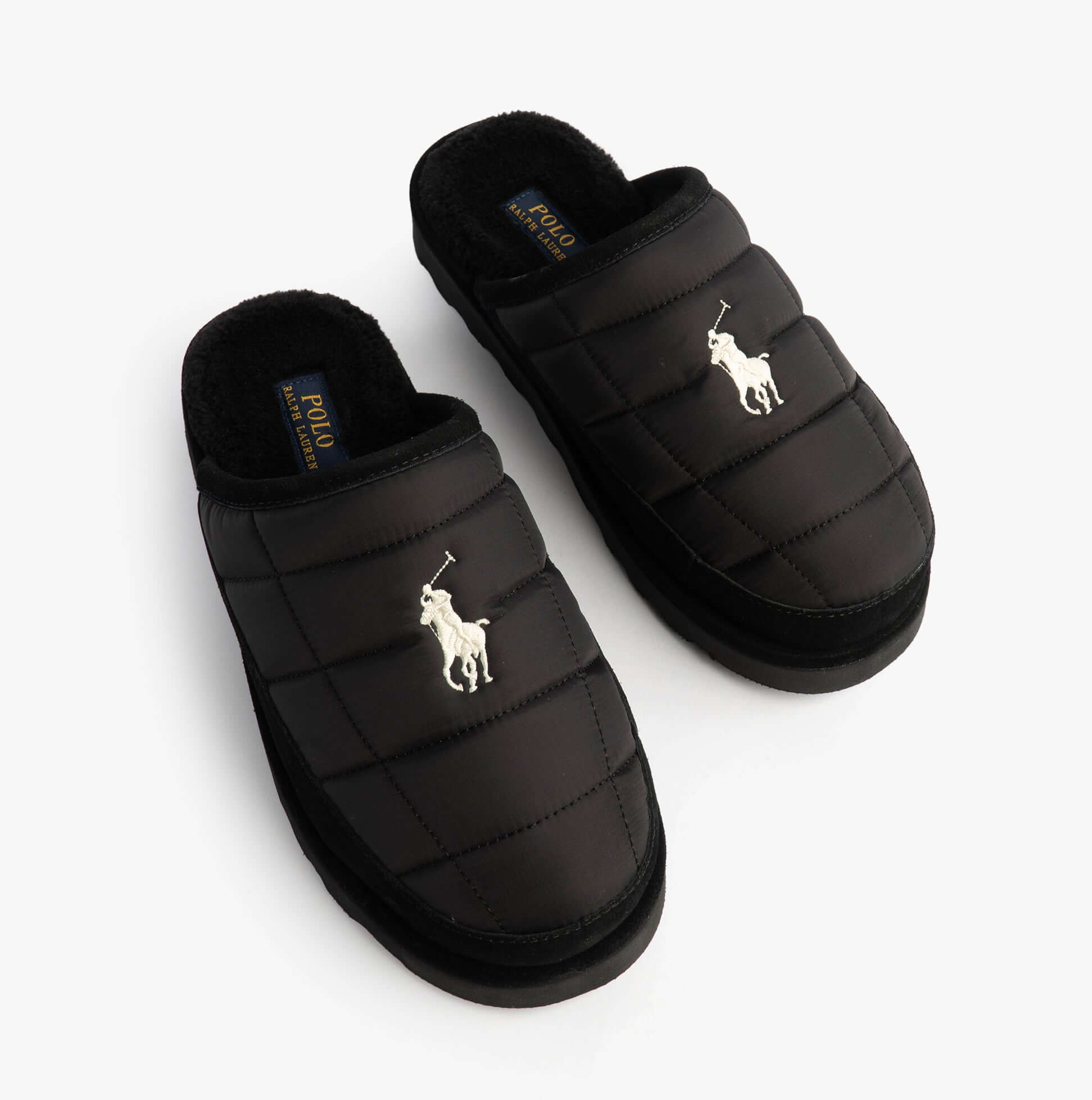 Polo Ralph Lauren READ SCFF II Mens Mule Slippers Black/Cream top view showing quilted design and iconic logo.