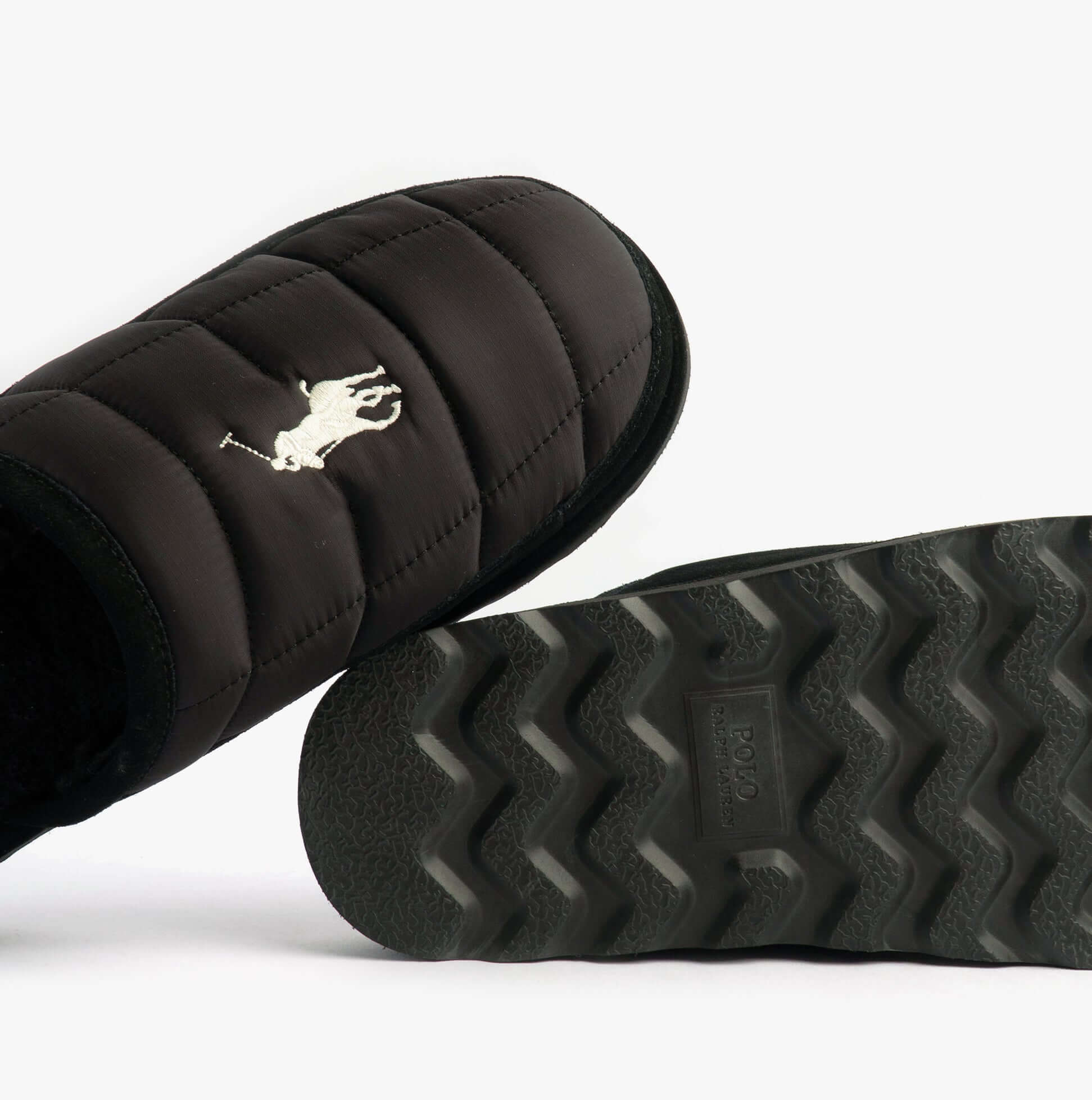Polo Ralph Lauren READ SCFF II Mens Mule Slippers Black/Cream side view, showing textured rubber sole and logo detail.