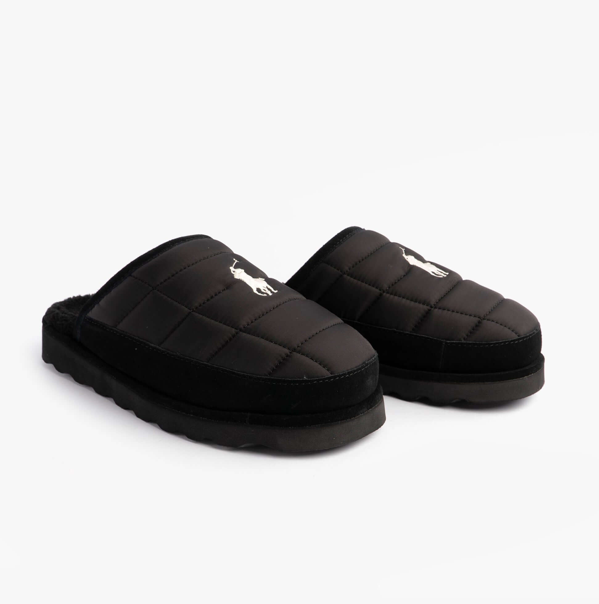 Polo Ralph Lauren READ SCFF II Mens Mule Slippers Black/Cream side view with quilted design and logo.