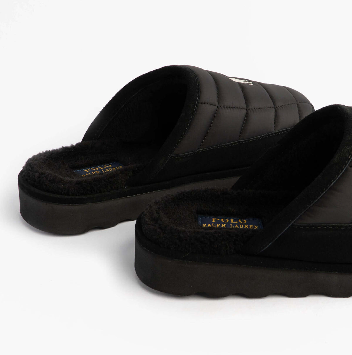 Polo Ralph Lauren READ SCFF II Mens Mule Slippers Black/Cream side view showcasing the soft textile upper and cushioned sole.