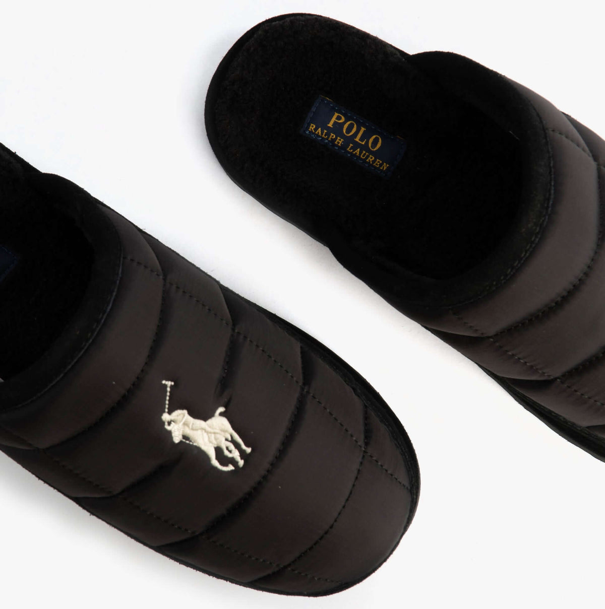 Polo Ralph Lauren READ SCFF II Mens Mule Slippers Black/Cream top view with logo detailing and plush lining.