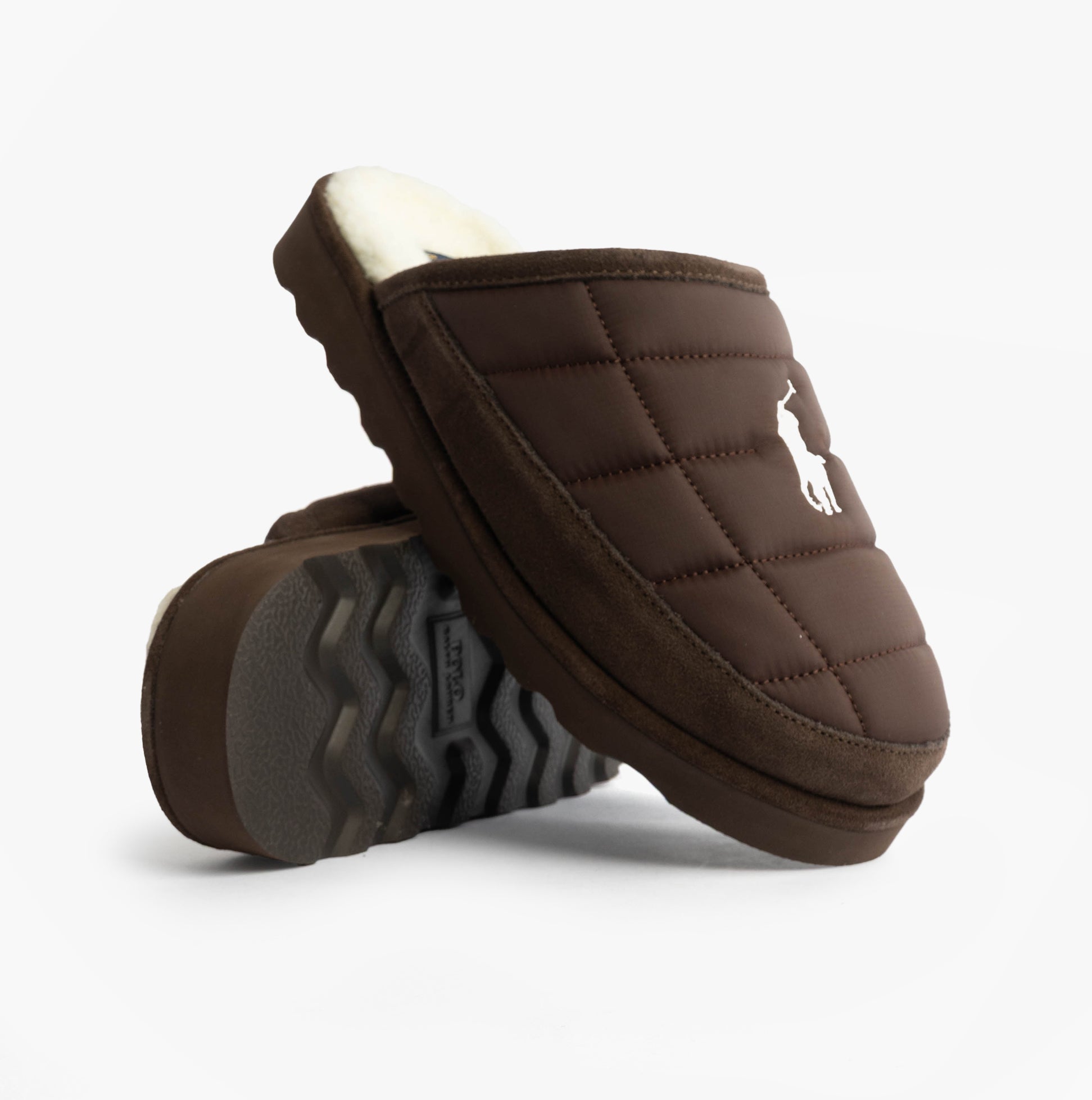 Polo Ralph Lauren READ SCFF II Mens Mule Slippers Brown/Cream side view showcasing quilted design and rubber sole.