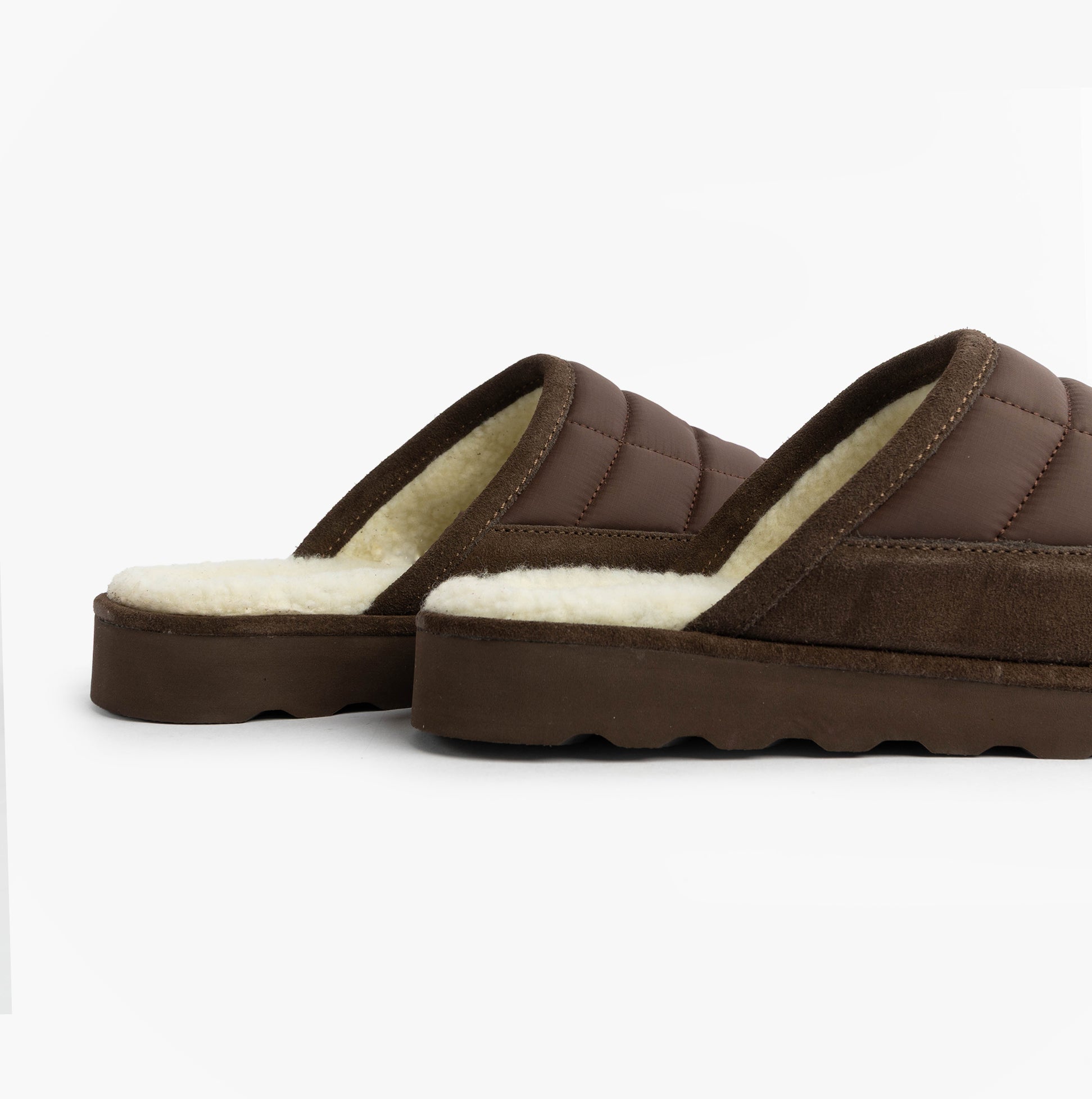Polo Ralph Lauren READ SCFF II Mens Mule Slippers Brown/Cream side view showing soft textile upper and rubber sole.