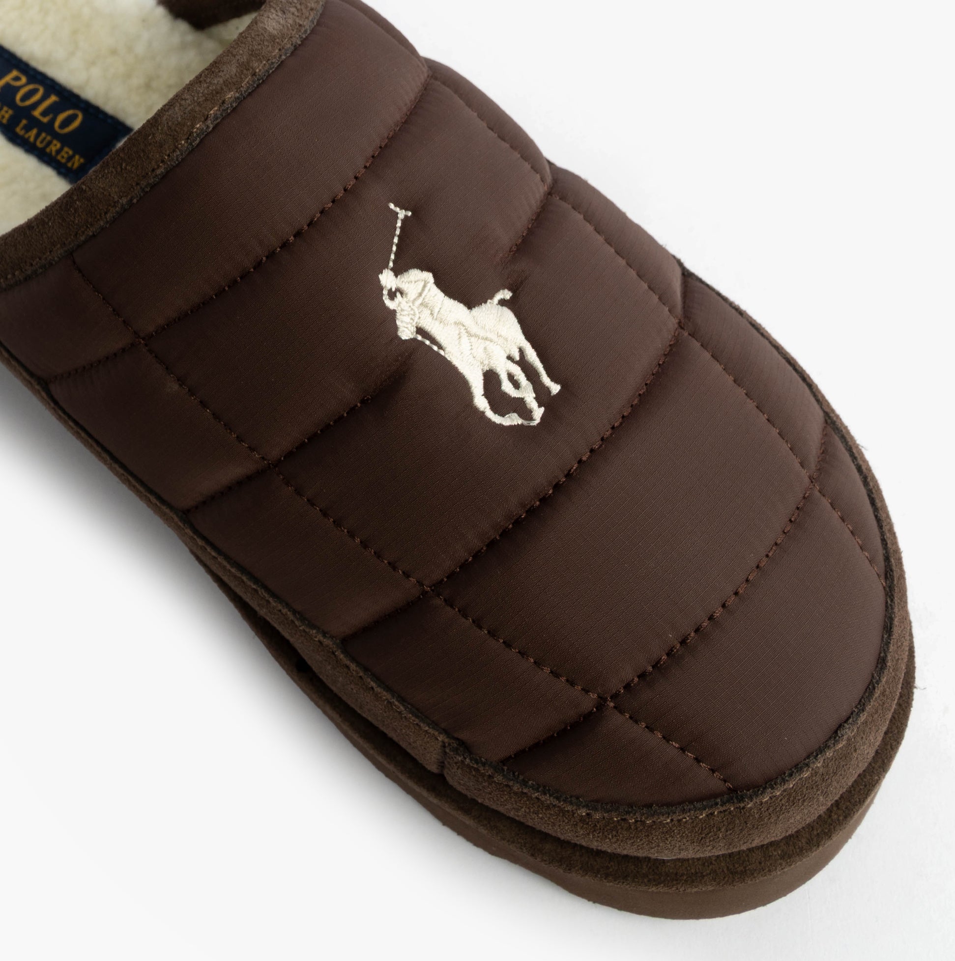 Polo Ralph Lauren READ SCFF II Mens Mule Slippers Brown/Cream detail view showing quilted upper and logo.