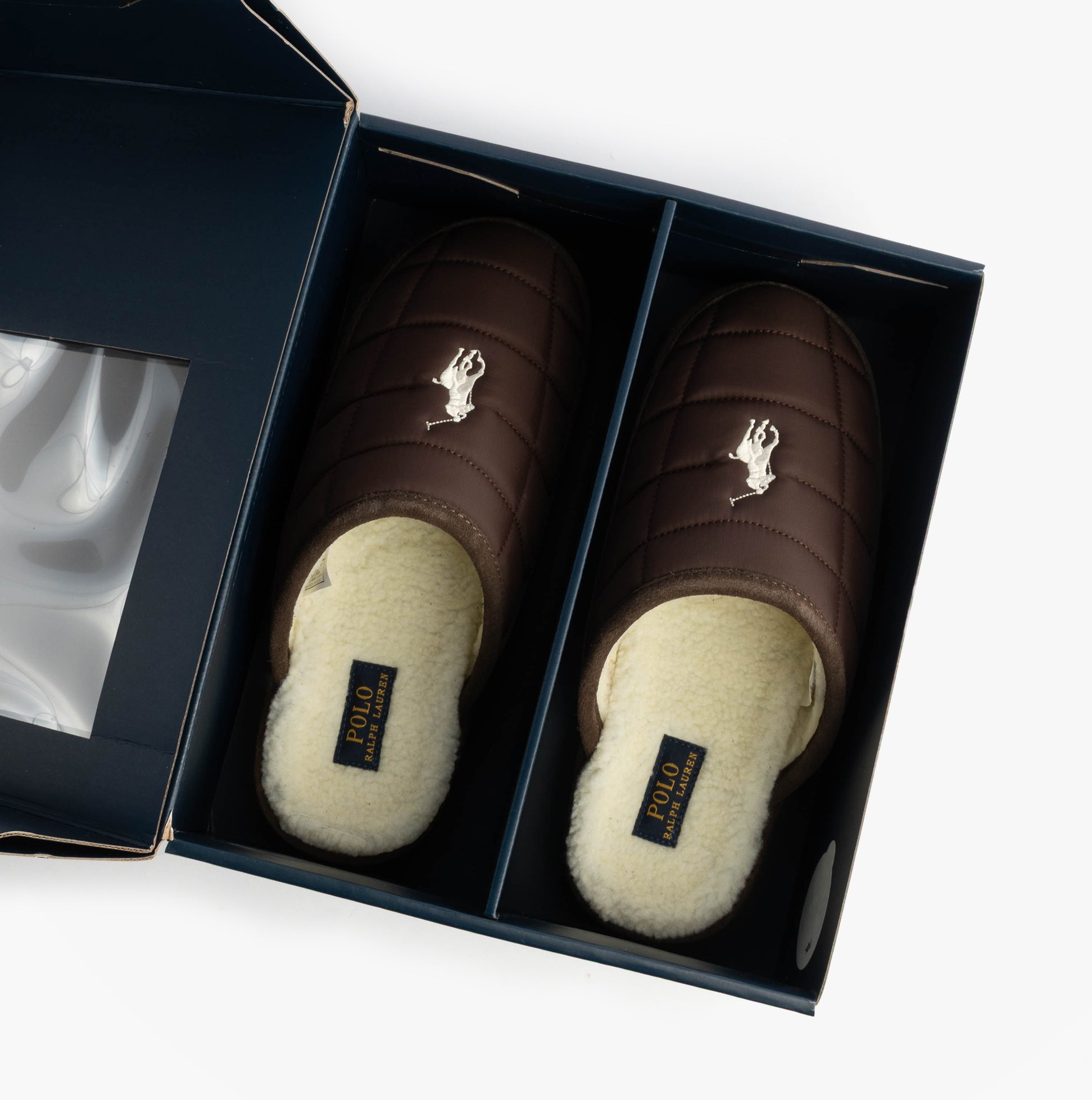 Polo Ralph Lauren READ SCFF II Mens Mule Slippers Brown/Cream top view in box showing inside lining and logo.