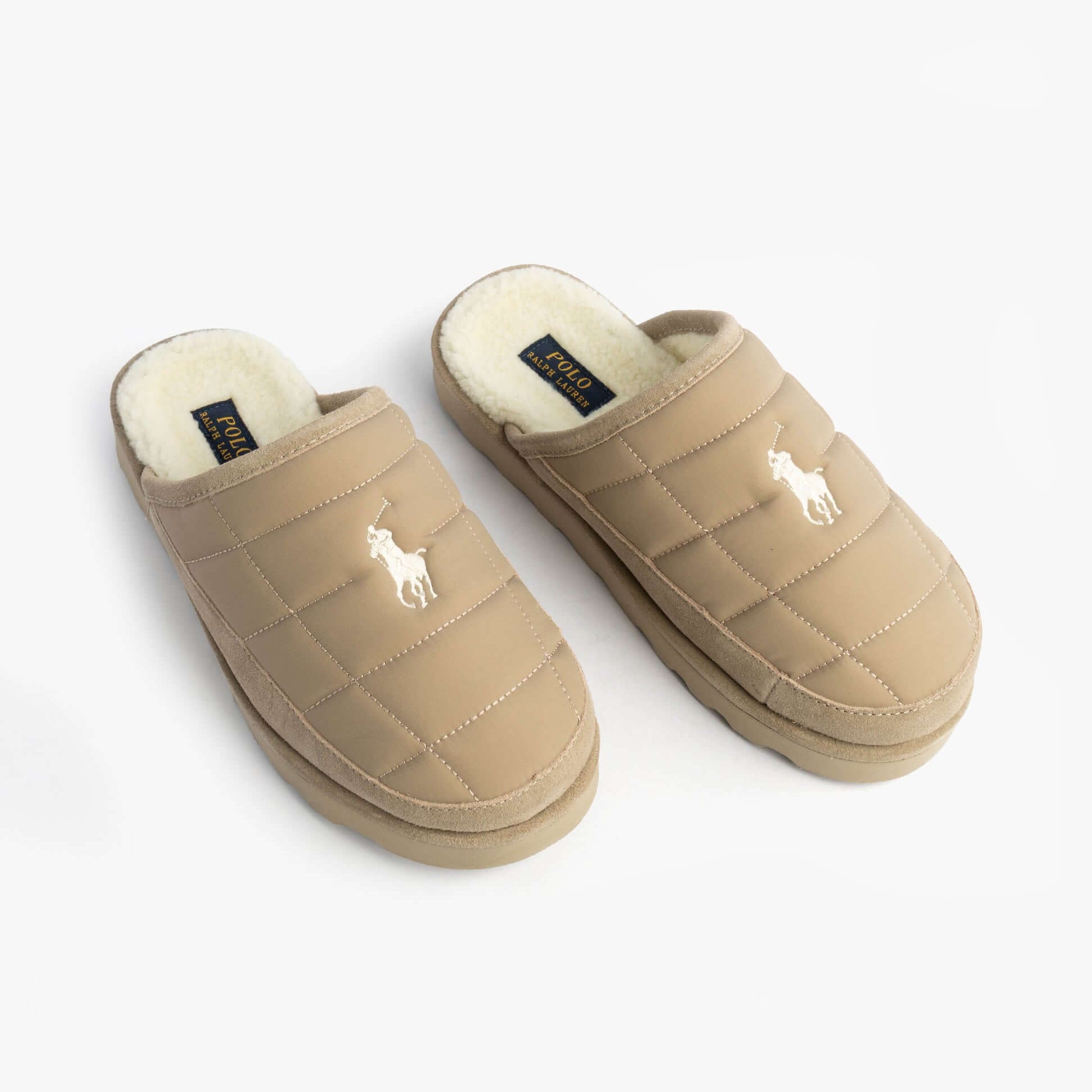 Polo Ralph Lauren READ SCFF II Mens Mule Slippers Milkshake/Cream side view showing quilted design and logo.