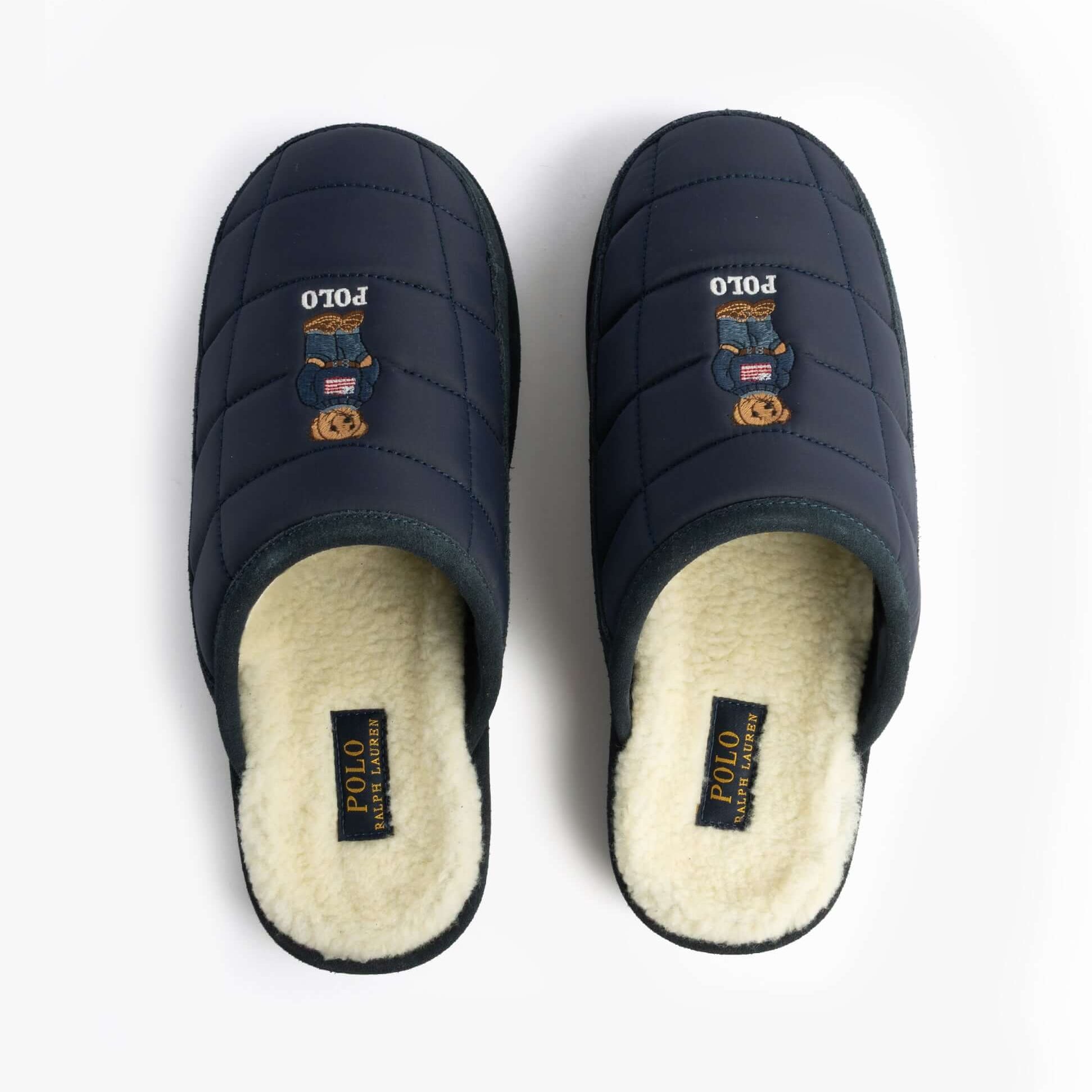 Polo Ralph Lauren READ BEAR Mens Mule Slippers Navy top view showcasing plush lining and embroidered bear design.