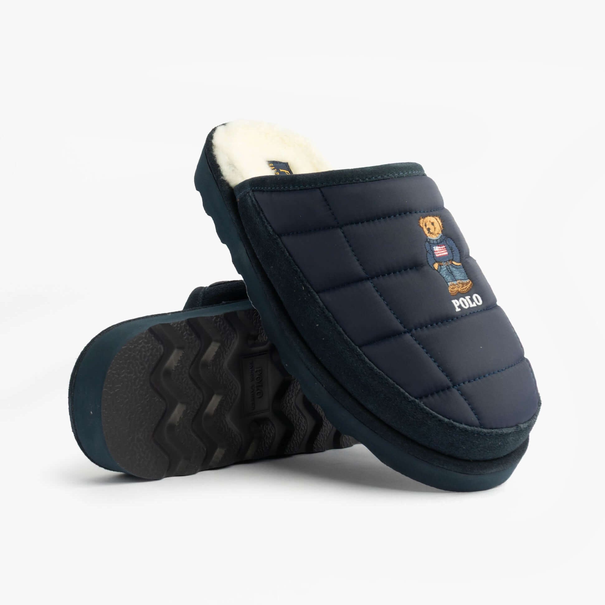 Polo Ralph Lauren READ BEAR Mens Mule Slippers Navy side view showcasing quilted design and bear emblem.