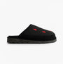 Polo Ralph Lauren READE Suede-Trim Polo Pony Scuff Mule Slipper side view in black with red logo details.