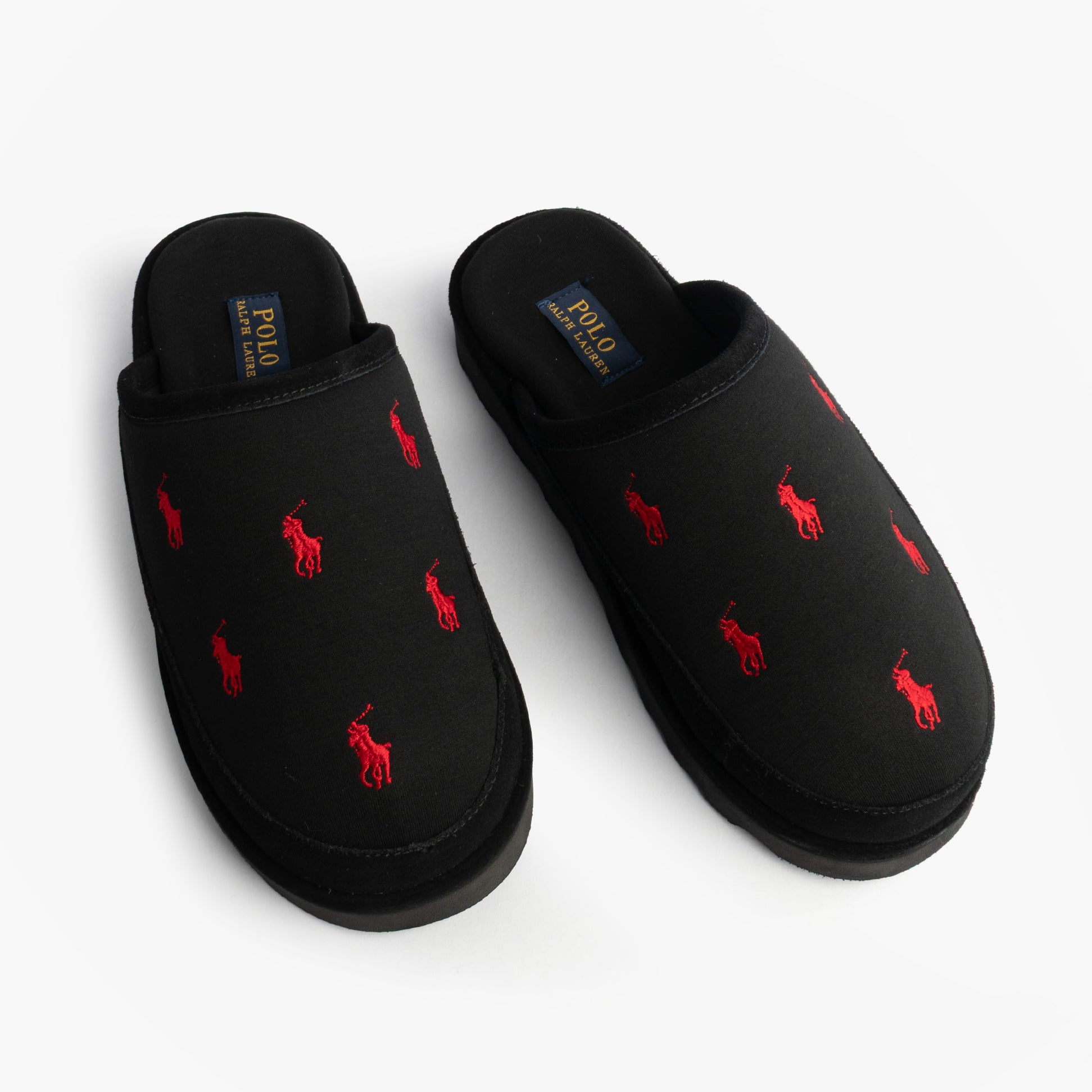 Polo Ralph Lauren READE Suede-Trim Polo Pony Scuff Mule Slipper top view with red pony logo on black fabric.