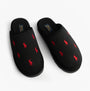 Polo Ralph Lauren READE Suede-Trim Polo Pony Scuff Mule Slipper top view with red pony logo on black fabric.