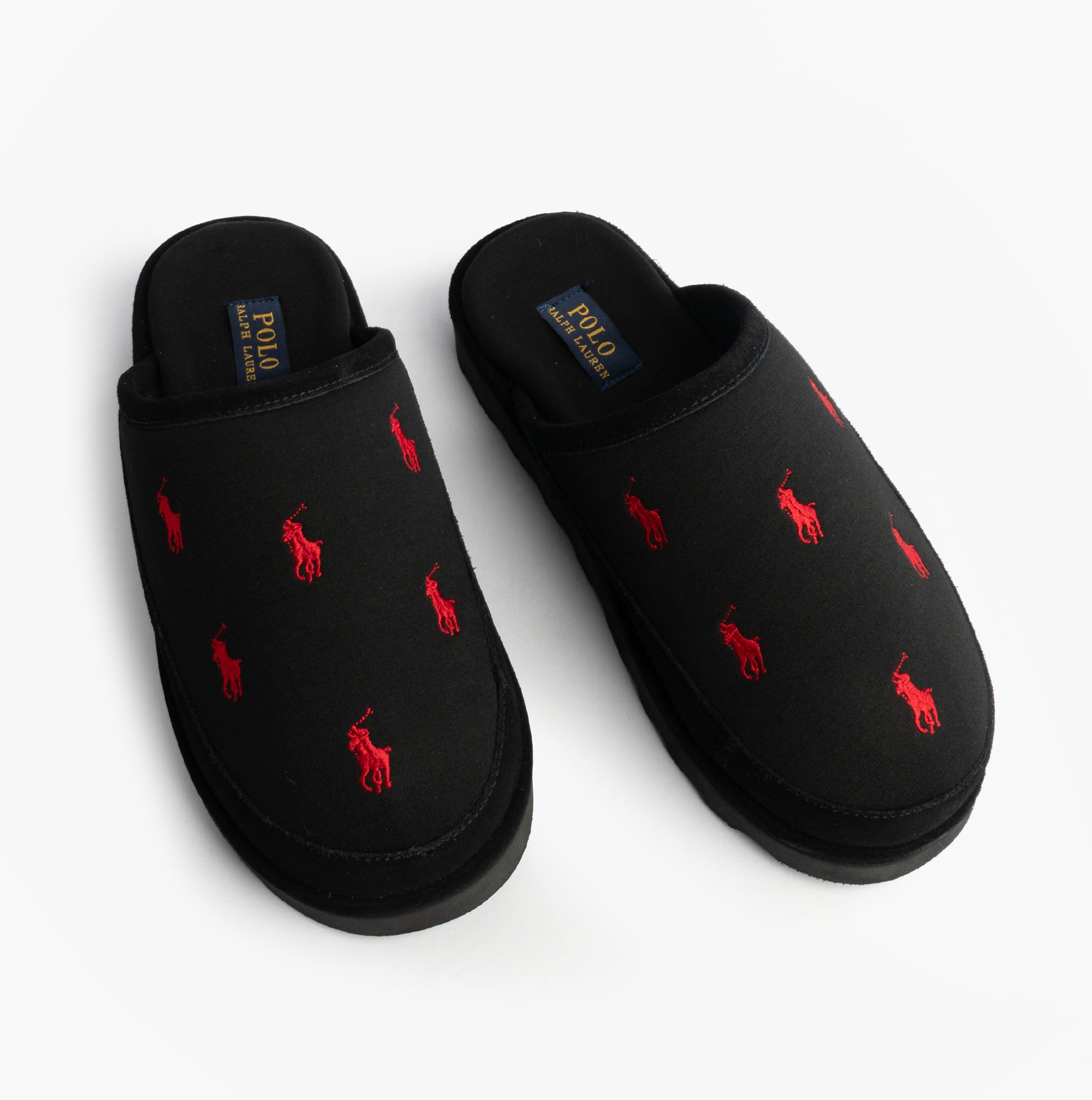Polo Ralph Lauren READE Suede-Trim Polo Pony Scuff Mule Slipper top view with red pony logo on black fabric.