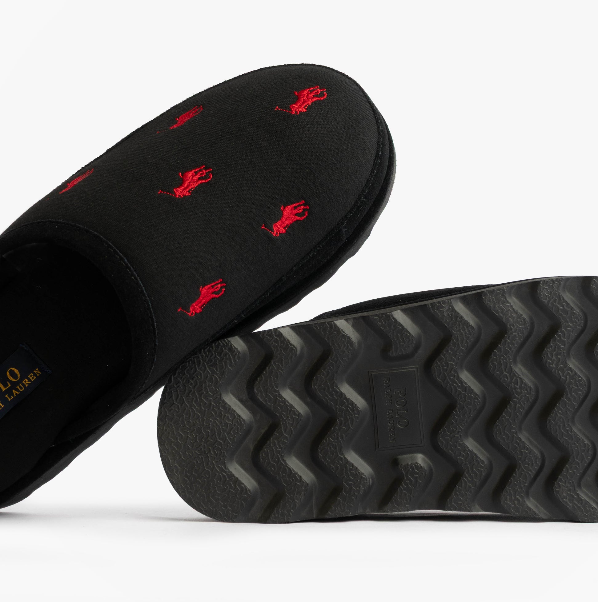 Polo Ralph Lauren READE Suede-Trim Polo Pony Scuff Mule Slipper side view showcasing red embroidered logo on black upper.