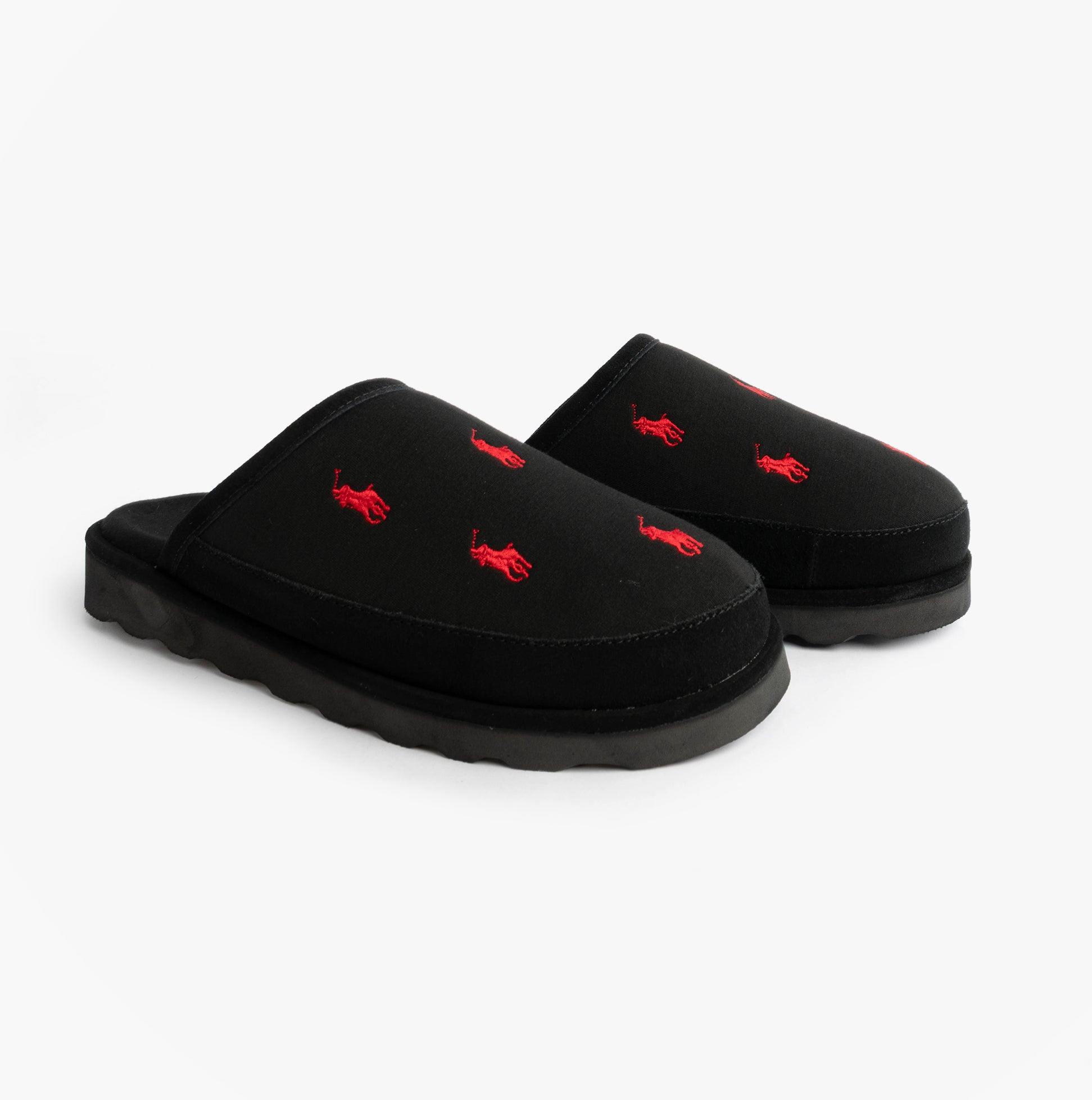 Polo Ralph Lauren READE Suede-Trim Polo Pony Scuff Mule Slipper side view with red pony logo on black upper.