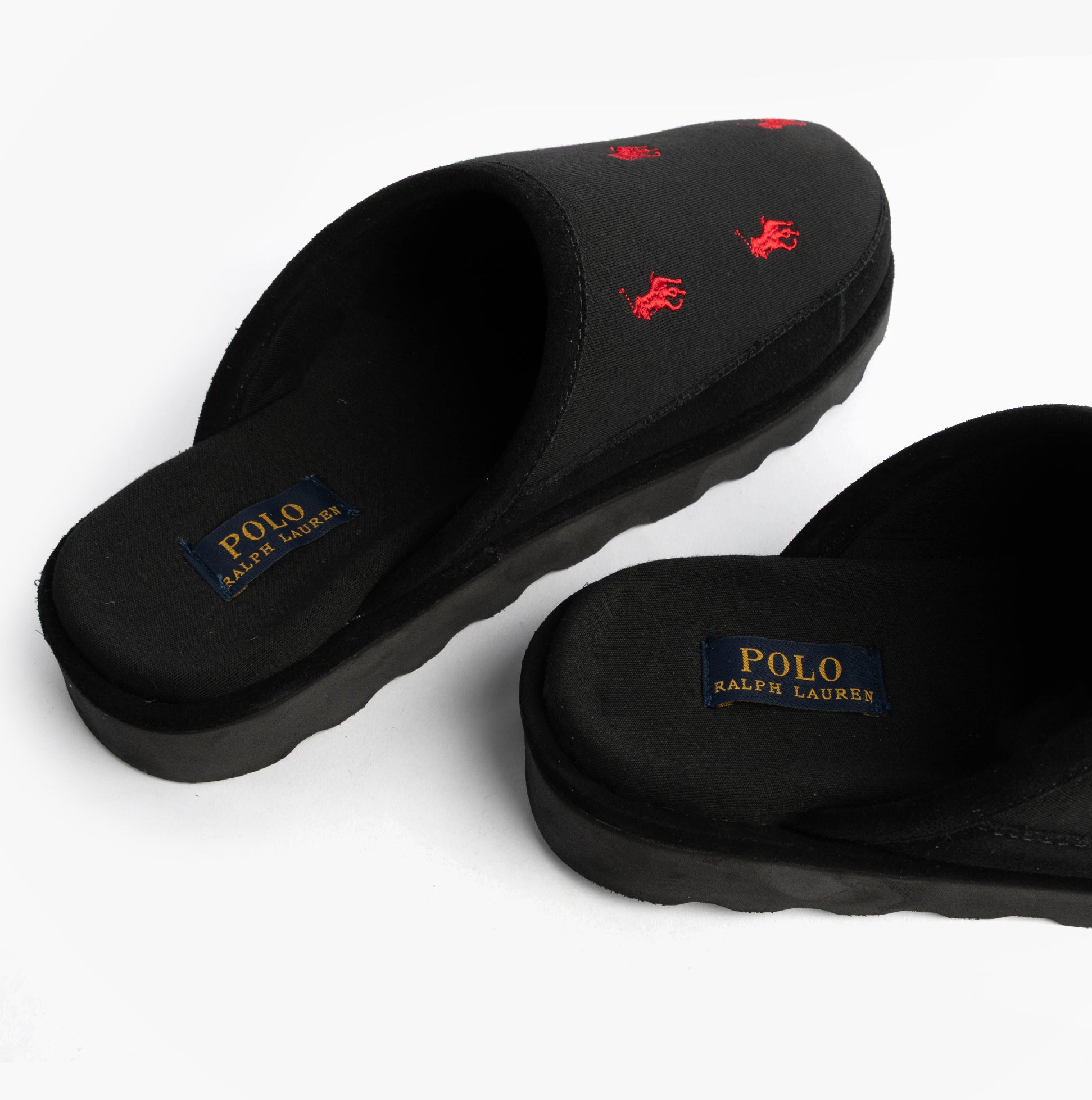 Polo Ralph Lauren READE Suede-Trim Polo Pony Scuff Mule Slipper side view showing logo and detailing in black.
