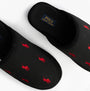 Polo Ralph Lauren READE Suede-Trim Polo Pony Scuff Mule Slipper top view showing black fabric with red polo pony embroidery.