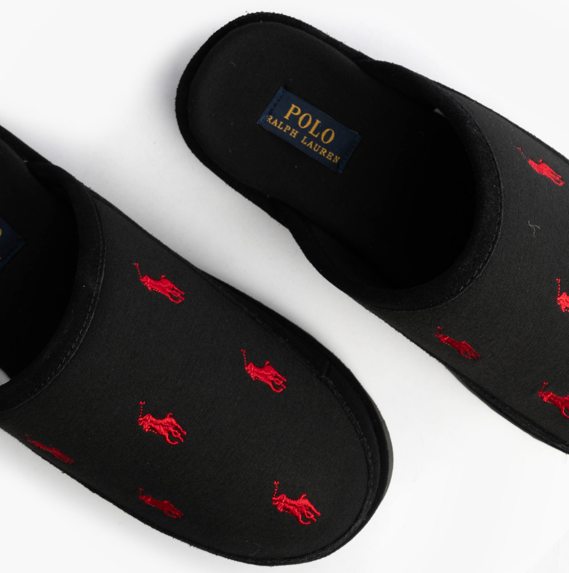 Polo Ralph Lauren READE Suede-Trim Polo Pony Scuff Mule Slipper top view showing black fabric with red polo pony embroidery.