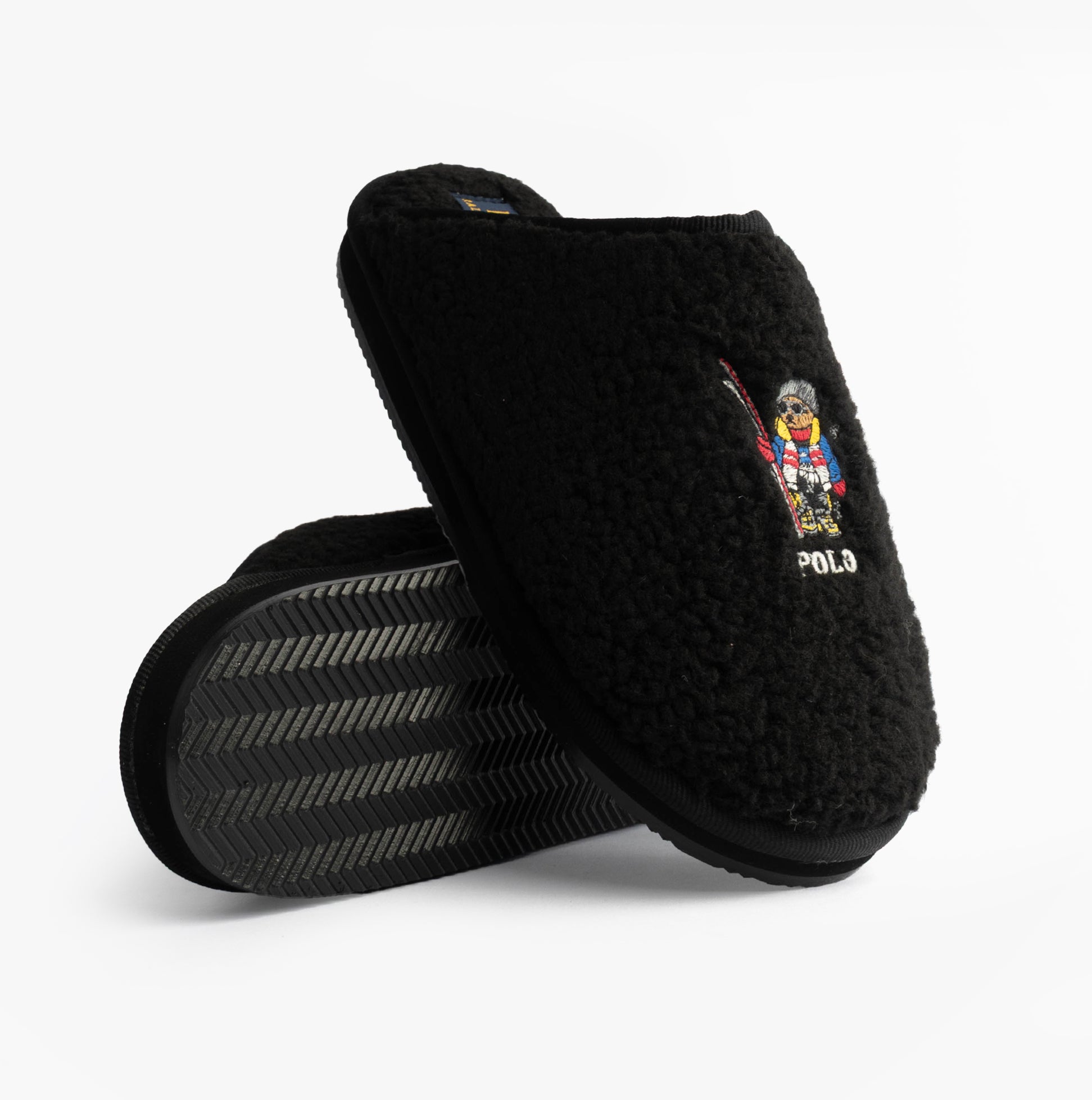 Polo Ralph Lauren KAYLEIGH SCUFF II BEAR Womens Mule Slippers Black side view showing soft upper and durable sole