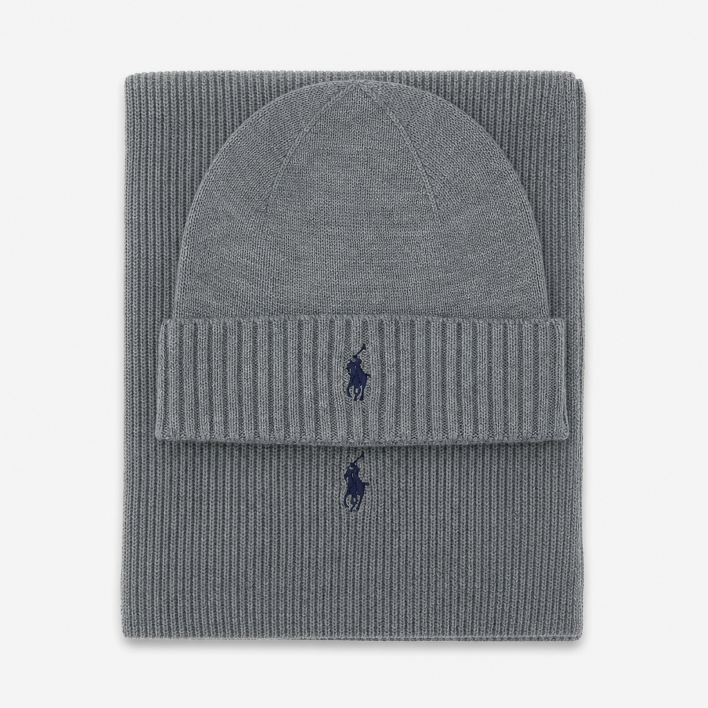 Polo Ralph Lauren Hat and Scarf Set Mens Beanie Fawn Grey Heather